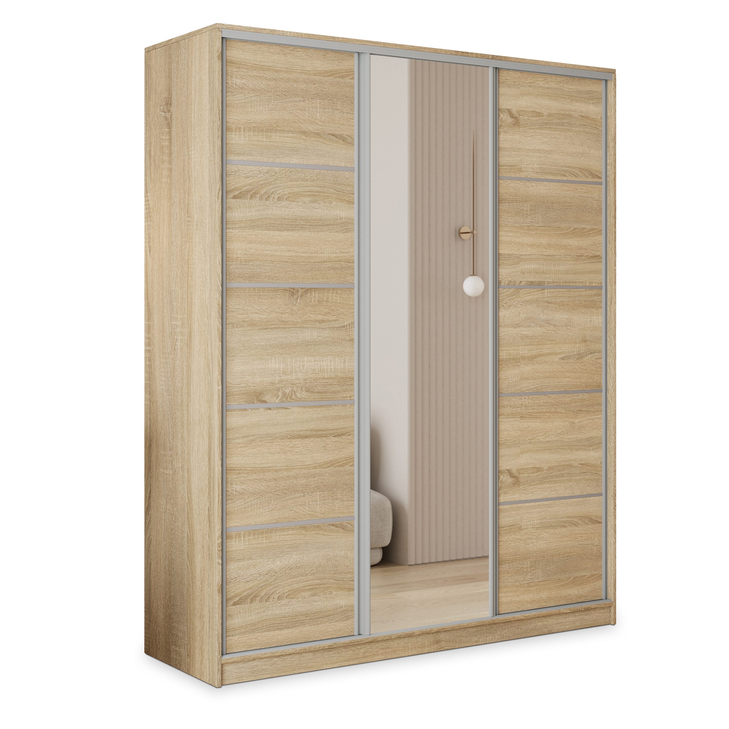 Masseno Schwebetürenschrank PINA 150 cm Kleiderschrank mit Spiegel 3 Türen Eiche Sonoma