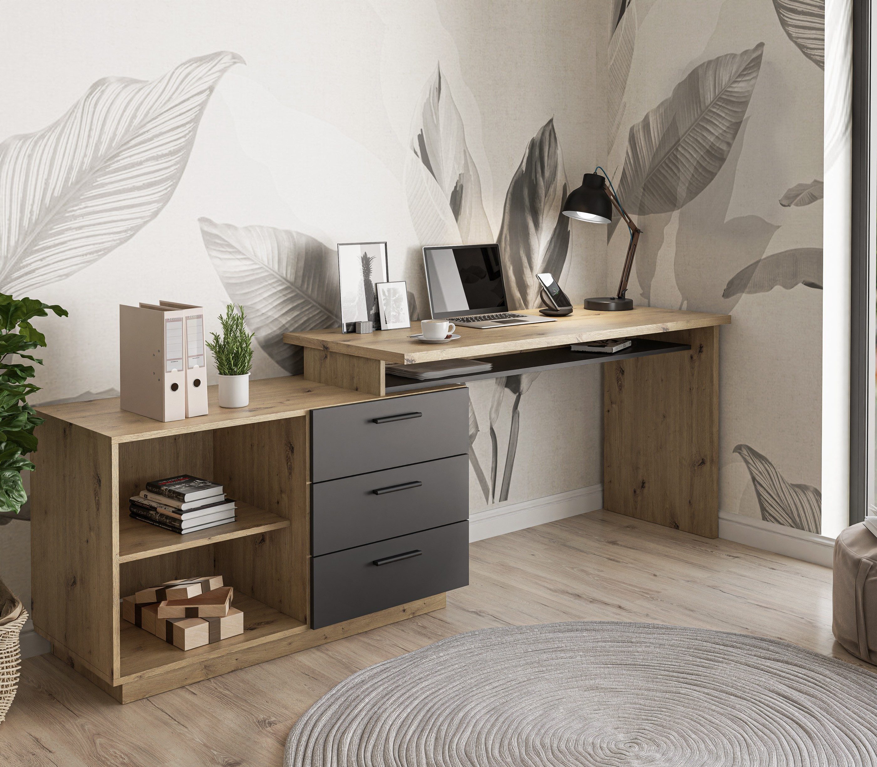 Lookway Eckschreibtisch CHIA Eiche Artisan Graphit, Breite: 138 cm