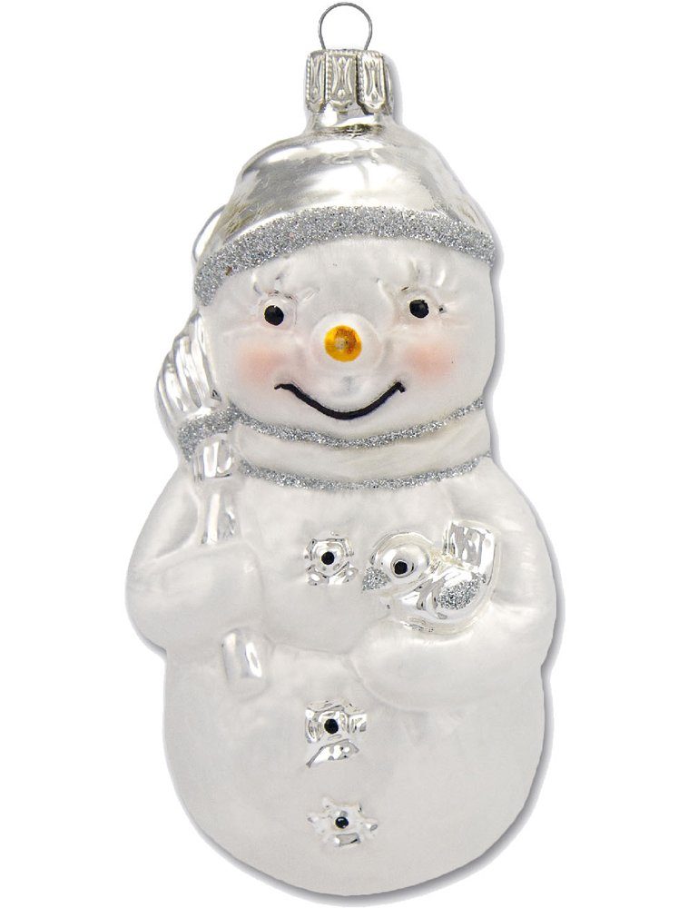 Thüringer Glasdesign Christbaumschmuck Schneemann Set (2 Stück) 11 cm aus Glas - Weiß/Silber - Weihnachtsbaum Anhänger (2-tlg), Mundgeblasen