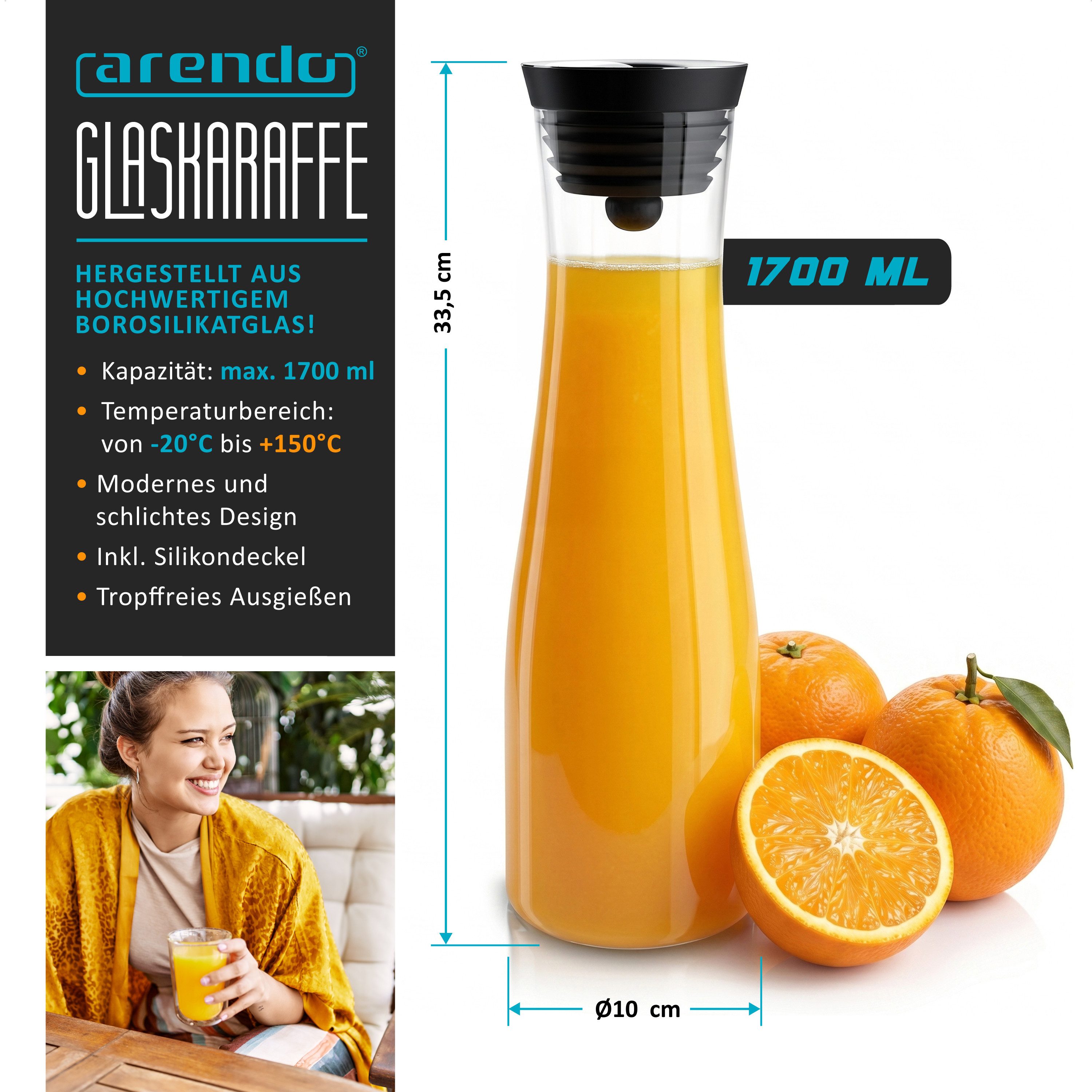 Arendo Karaffe Glaskaraffe 1700 ml mit Deckel, Wasserkaraffe mit Edelstahl Grobfilter, Borosilikatglas, 1,7 L, Sieb, hitze- und kältebeständig, BPA-frei