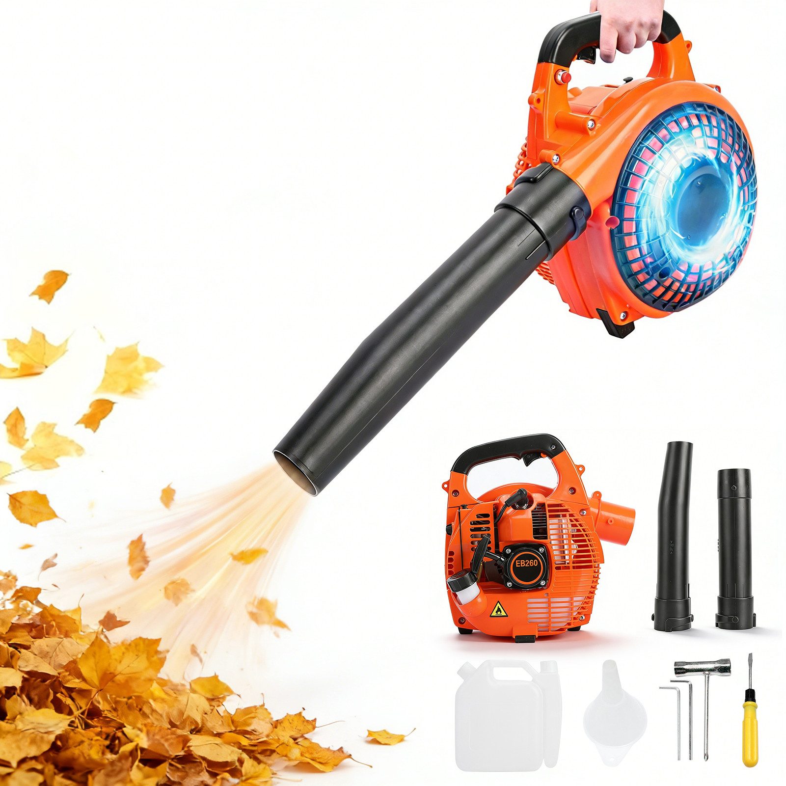Rutaqian Benzin-Laubbläser Laubbläser Schnurlos Leistungsstarker Motor Benzinbetrieben 26cc, (250km/h, 70m/s Blasgeschwindigkeit, Doppelblasfunktion, 1 St), Low-power design, fuel-efficient