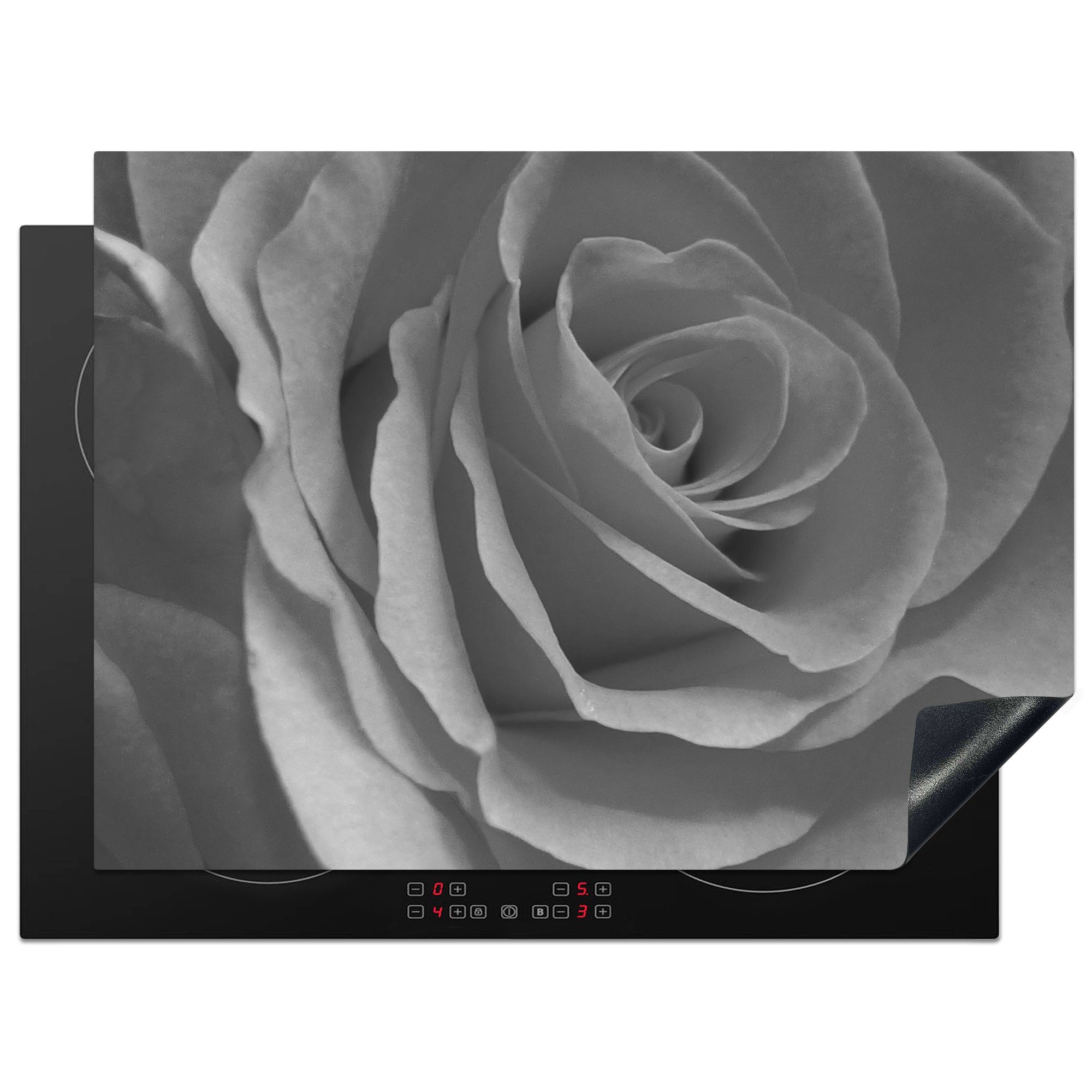 MuchoWow Herdblende-/Abdeckplatte Nahaufnahme einer Rose - schwarz und weiß, Vinyl, (1 tlg), 70x52 cm, Mobile Arbeitsfläche nutzbar, Ceranfeldabdeckung