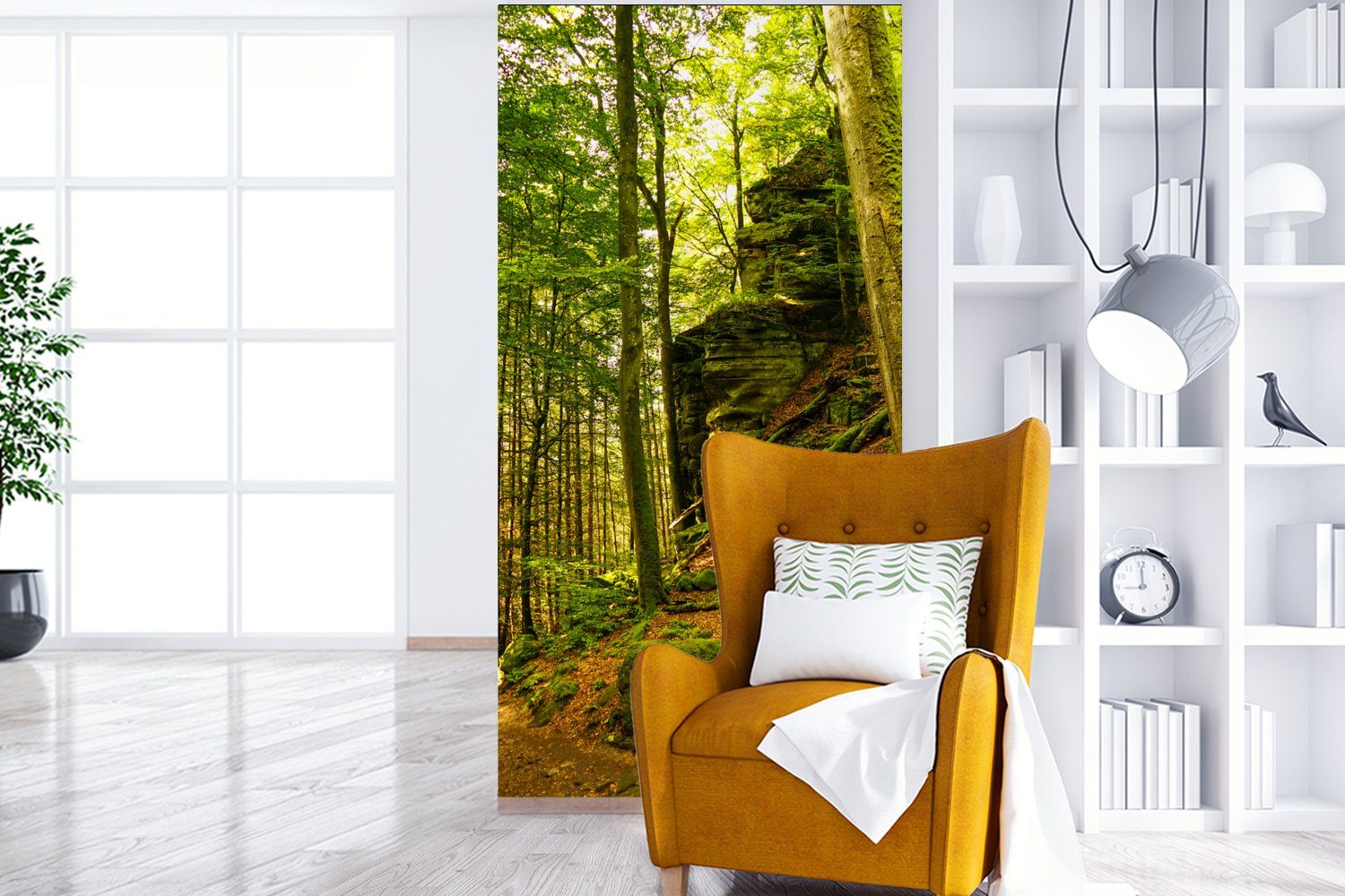 Fototapete Stein Pflanzen, für MuchoWow Küche, Vliestapete Schlafzimmer bedruckt, - Wohnzimmer Matt, (2 St), - - - Wald Bäume Natur Fototapete