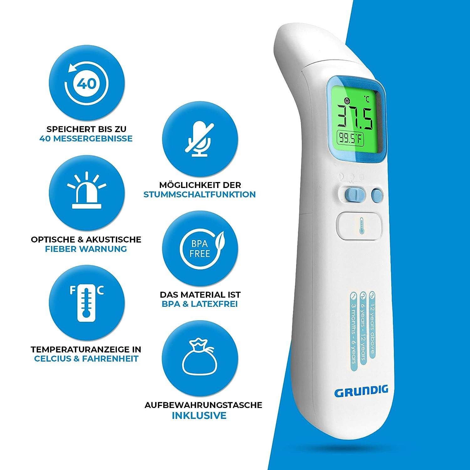 Grundig Fieberthermometer Fieberthermometer kontaktlos TESTSIEGER mit Batterien