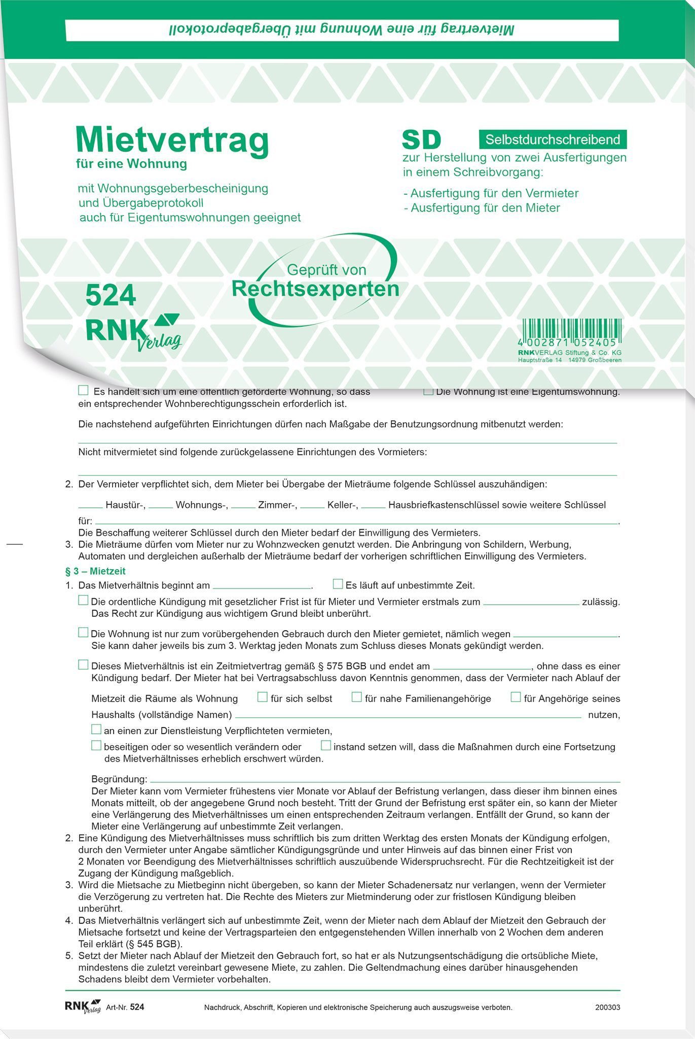 RNK Formularblock RNK Mietvertrag Universal A4 SD mit Übergabeprotokoll 4x2Bl 10St