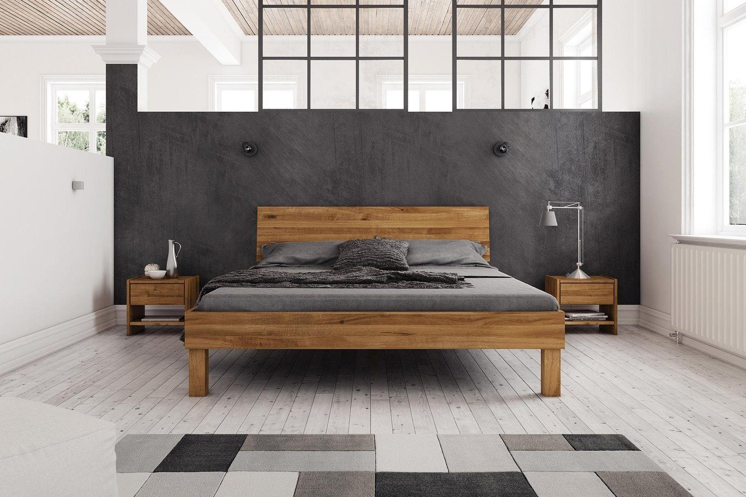 Natur24 Einzelbett Bett Zigo 1 aus Wildeiche massiv 120x200 mit  Holzkopfteil und Holzbeinen