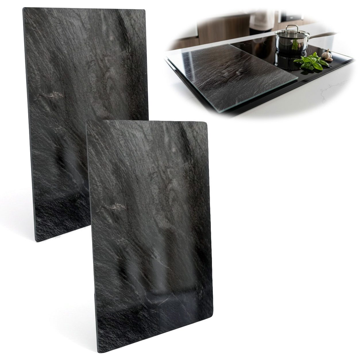 LS-LebenStil Schneide- und Abdeckplatte 2´er Set Glas Herdabdeckplatten Schiefer 52x30cm Glasschneidebrett, Glas, (Granit Optik Style, 2 tlg., ESG Sicherheitsglas Spritzschutz Schneidebrett Herdabdeckung), Set Kochfeld Abdeckung Glaskeramikfeld Induktion