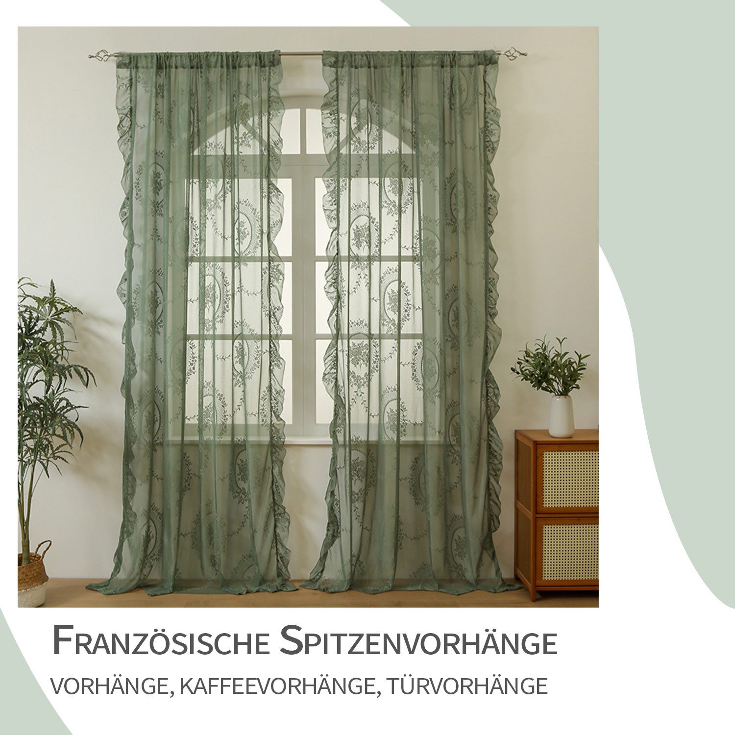 Refttenw Gardine Olivgrüne Spitzenvorhänge, Vintage Blumenstickerei Vorhang mit Rüschen (2 St)