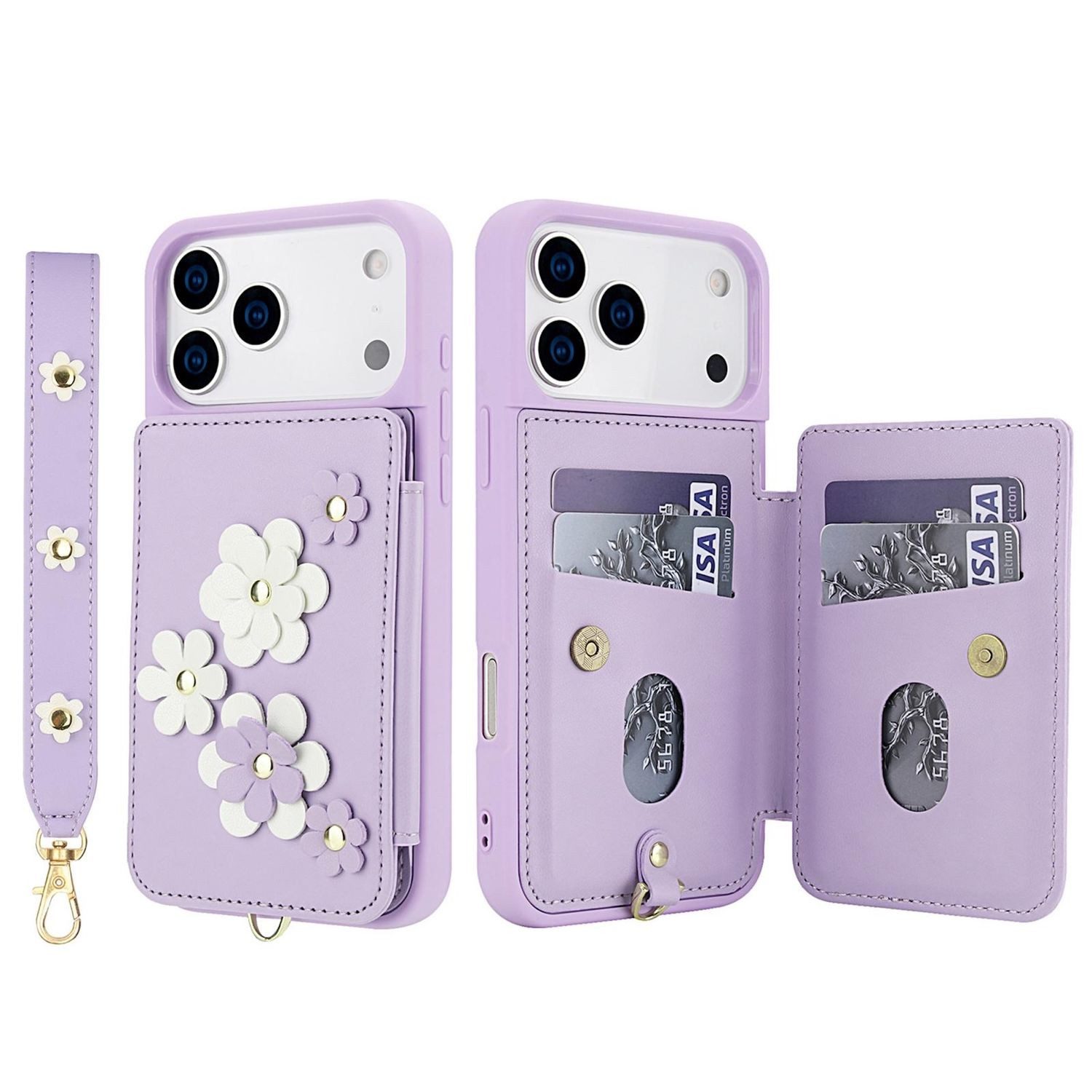 Wigento Handyhülle Für Apple iPhone 17 Pro Max Crossbody Kunstleder Blumen Hülle Lila, Mit Kartenfächern, Gurt, Kickstand-Funktion