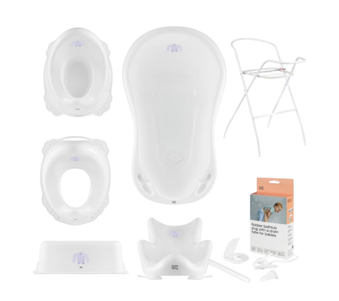 Thumbnail - Hylat Baby Babybadewanne Babywanne, Sitz, Ständer, Schemel, Topf, Toilettensitz, Abfluss – Weiß, (7-teiliges SET)