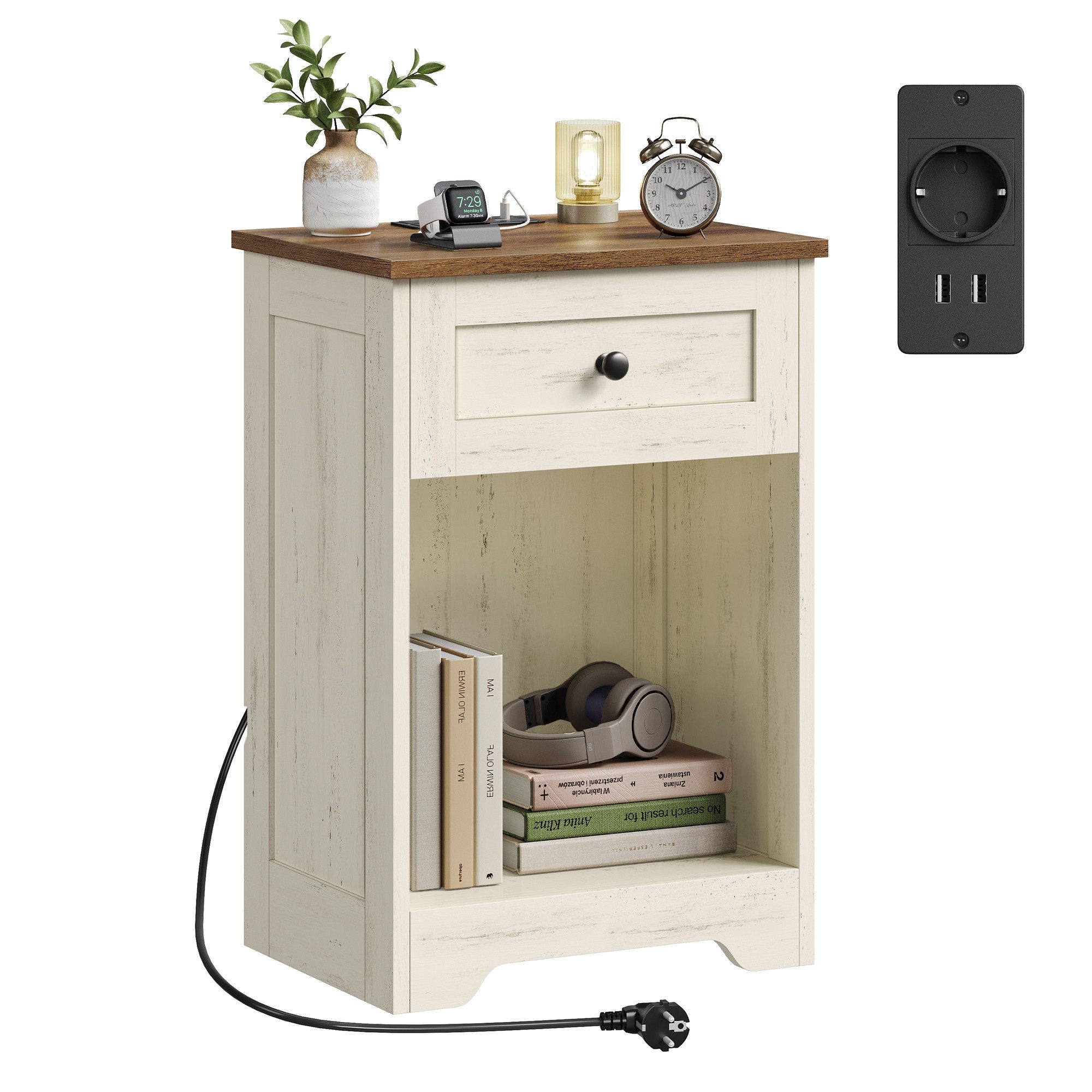 VASAGLE Nachttisch Beistelltisch aus Holzspanplatte, Landhausstil für Schlafzimmer, mit Steckdose, USB-Anschlüssen und Schublade, 40 x 30 x 59 cm