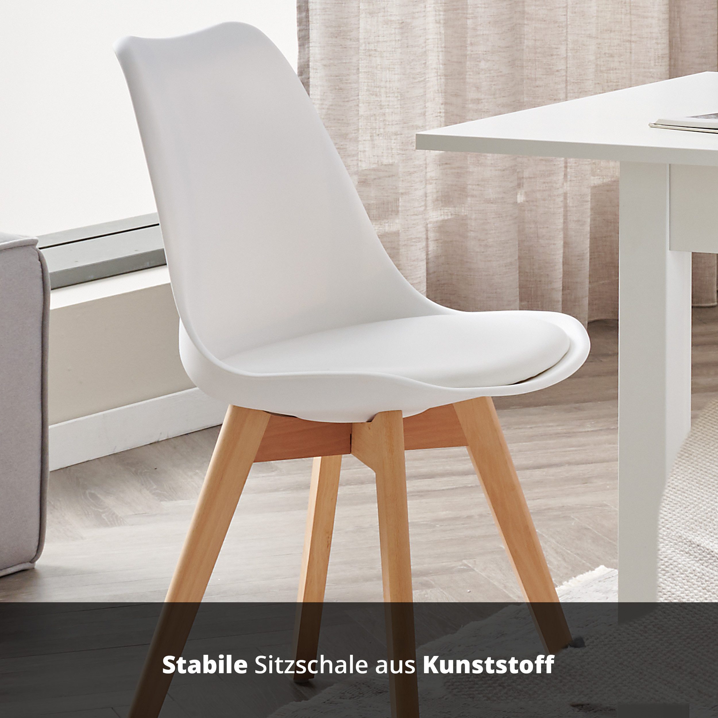 KHG Esszimmerstuhl Küchenstuhl Weiß, bis 150 kg belastbar, Skandi Look, Massivholz, 4-Fußgestell, Kunststoffsitzschale mit Kunstlederbezug – Bild 4 von 5