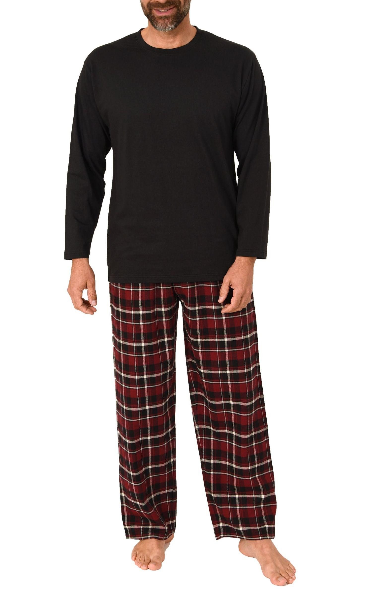 Pyjama Herren Schlafanzug lang, Pyjama mit Flanell-Hose in Karo-Optik