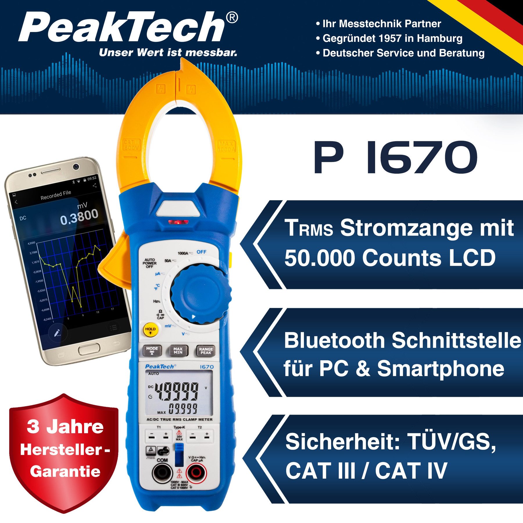 PeakTech Strommessgerät PEAKTECH True RMS Stromzange, P 1670, 1000 A AC/ DC, Bluetooth