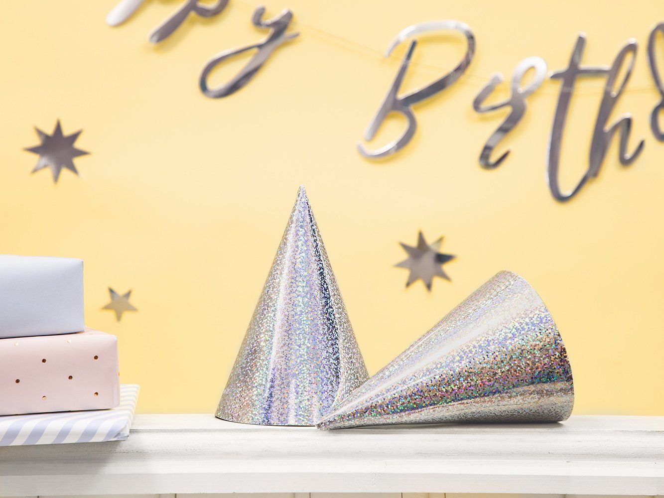 partydeco Papierdekoration, Partyhüte Hologramm 16cm silber 6er Set
