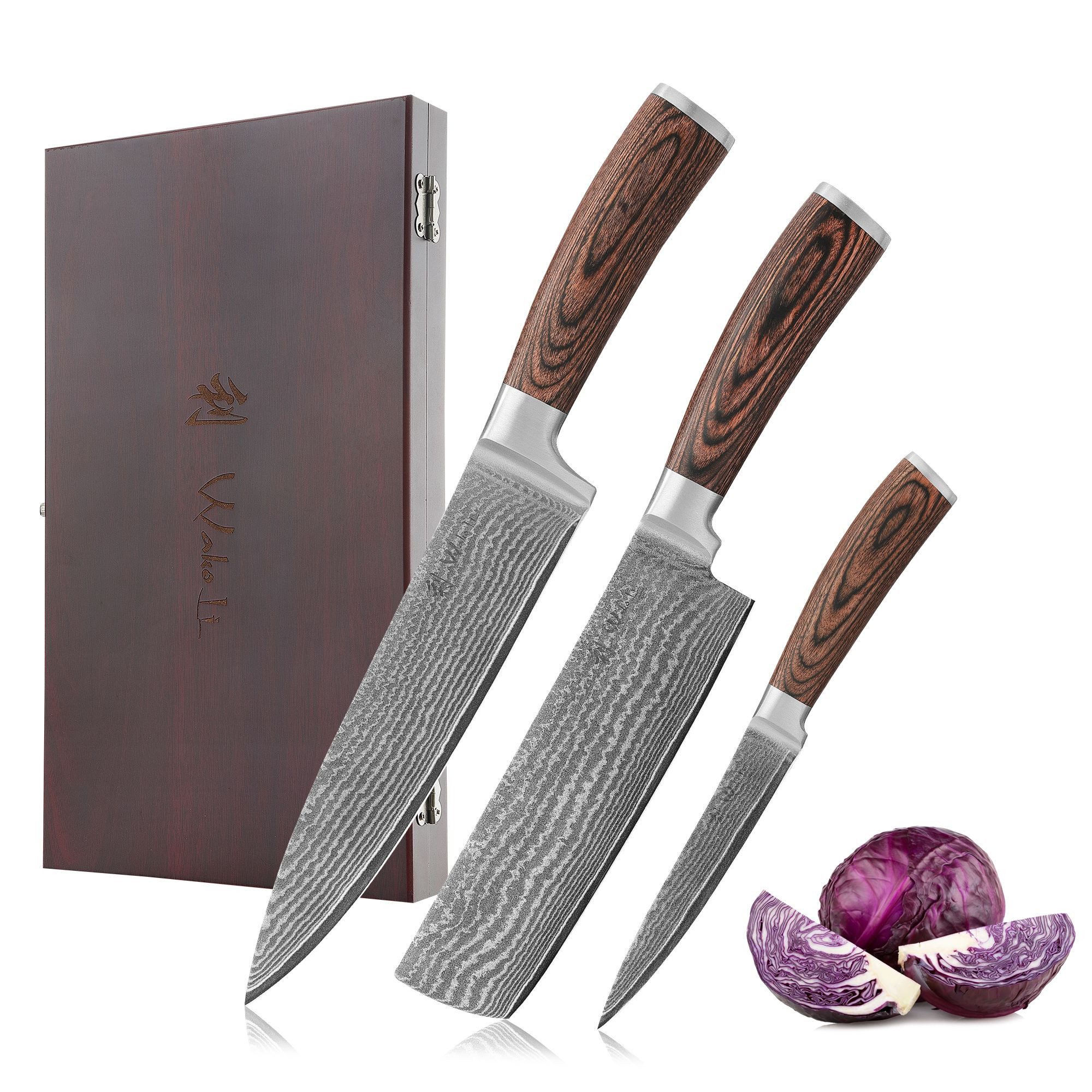 Wakoli Messer-Set EDIB 3er Kochmesser-Set 12,5 bis 20 cm Klingen Pakkaholzgriffe (Damastmesser mit Geschenkbox, 3-tlg), Chef-, Nakiri- & Allzweckmesser aus 67 Lagen Damaststahl VG10, Holzbox
