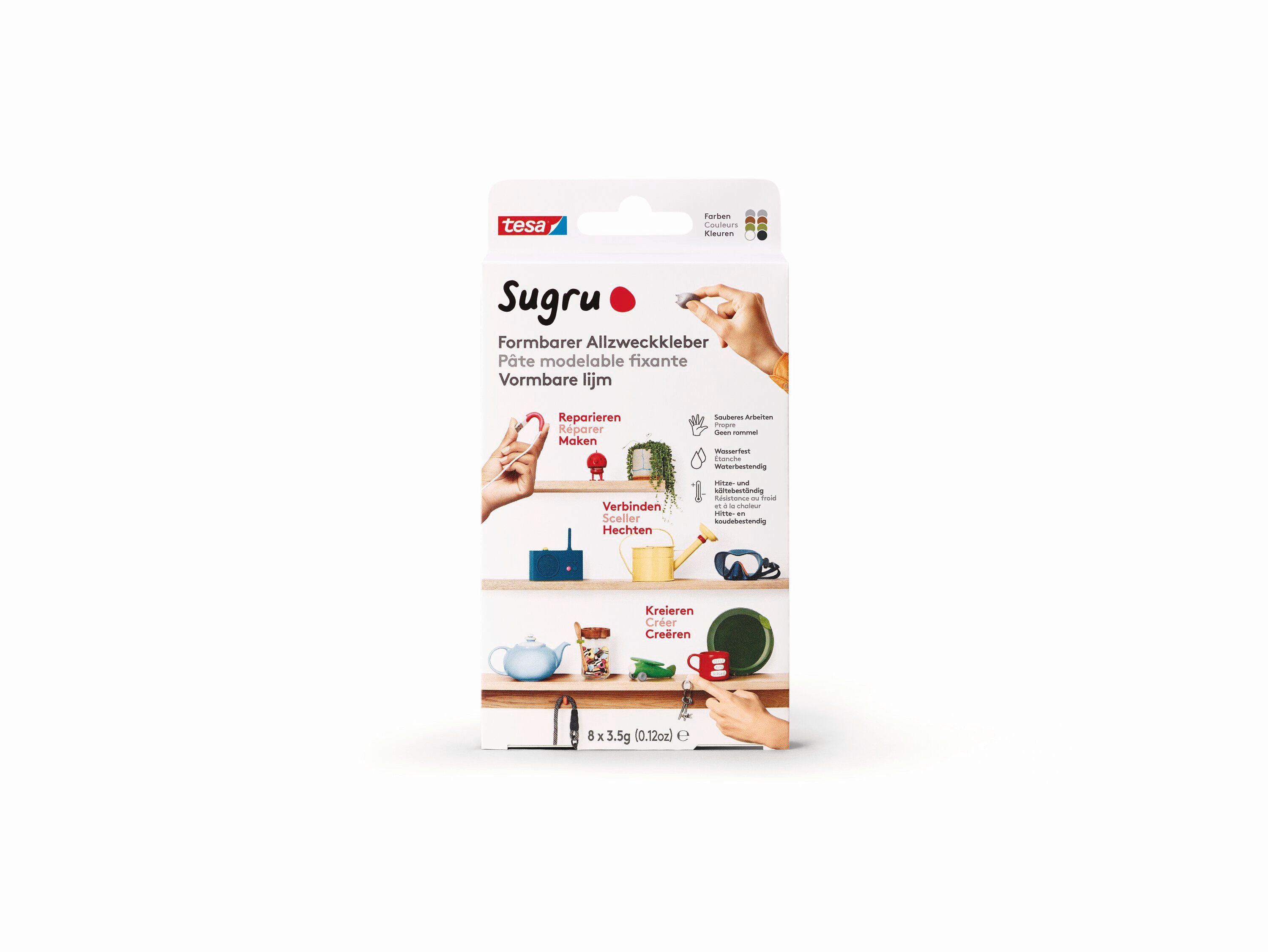 tesa Klebeband SUGRU formbarer Всеskleber - zum Reparieren, Basteln & für DIY-Ideen (Spar-Set, 8-St., je 3,5 g) Allzweckkleber - grün/grau/braun/weiß/schwarz