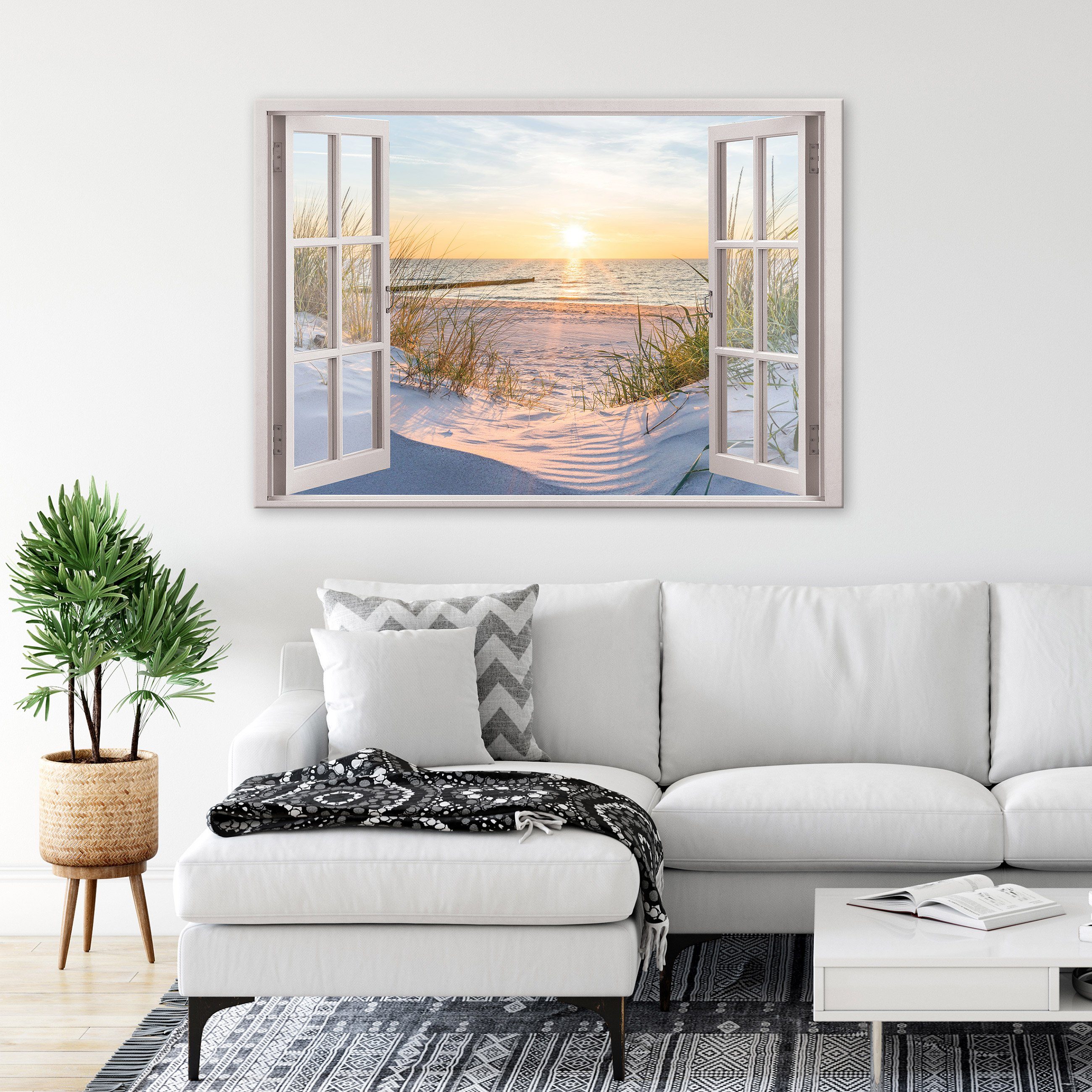 Wallarena Leinwandbild Fensterblick Natur Strand Meer Fenster Modern Leinwa günstig online kaufen