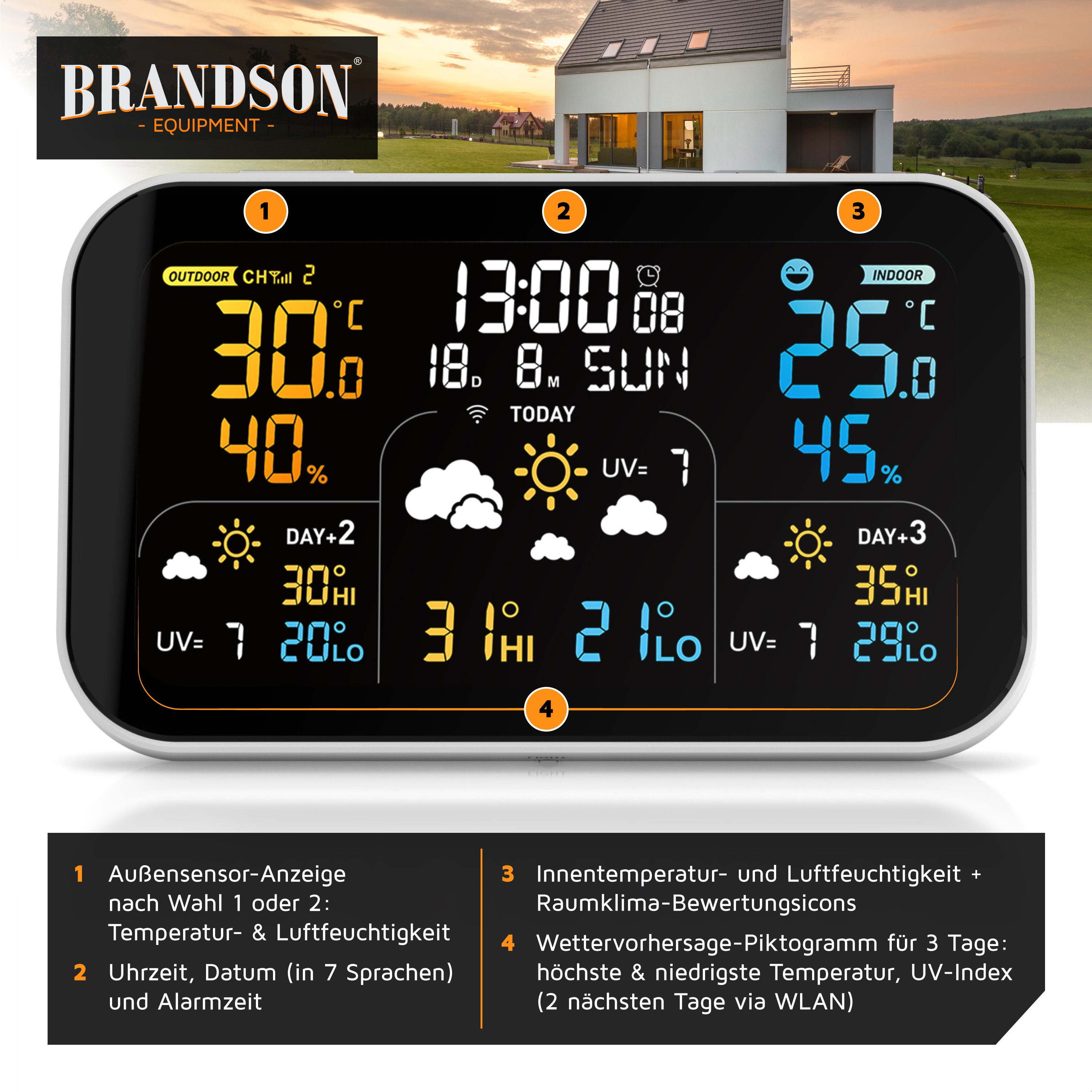Brandson Funk Wetterstation mit Wlan & Farbdisplay, App & 2 Außensensoren Wetterstation (2x Außensensor,Netzteil,Bedienungsanleitung, Tuya & Smart Life, 3-Tage- – Bild 3 von 5