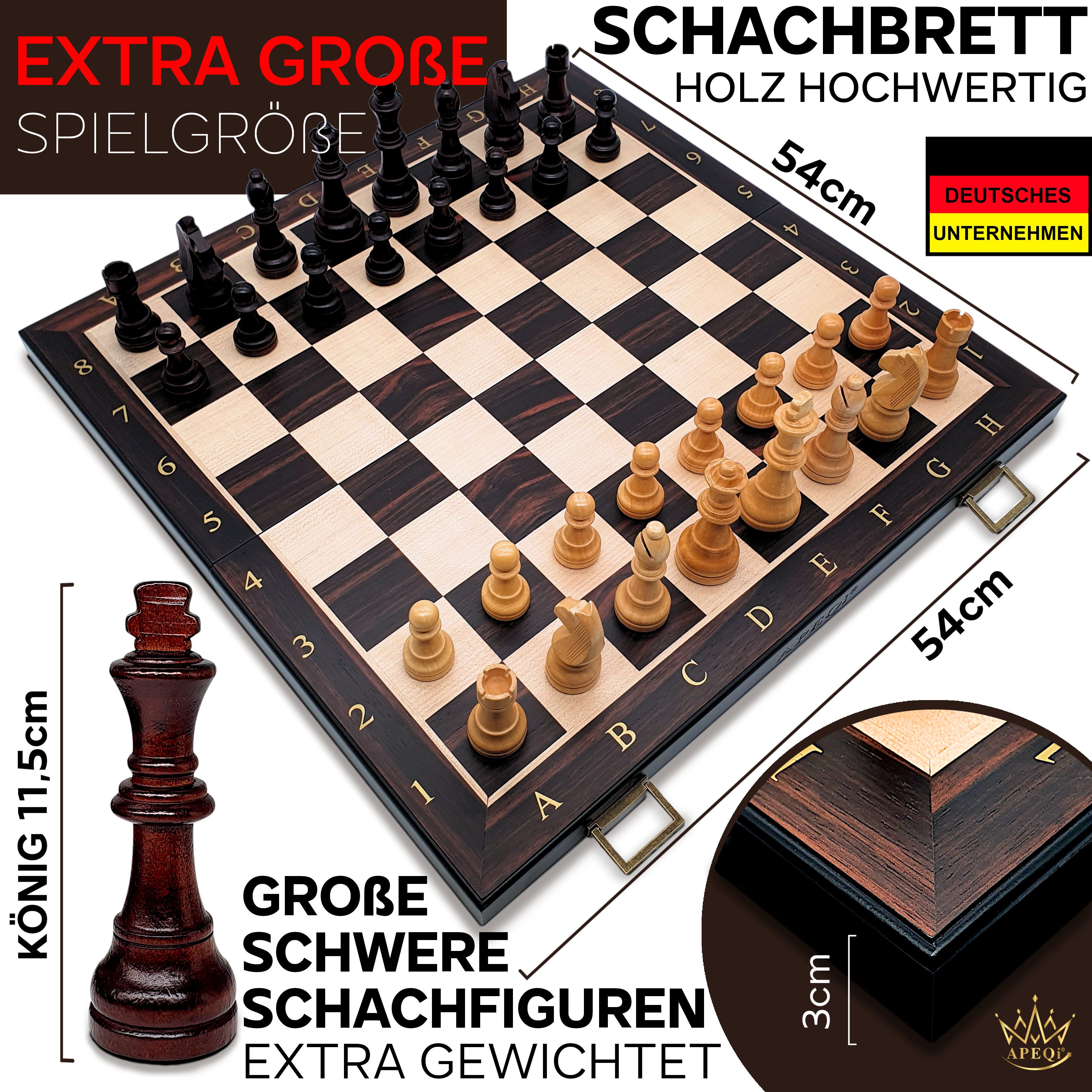 APEQi Spiel PREMIUM Schach - Schachspiel Holz hochwertig - Schachbrett mit Figuren, Massivholz, 2 EXTRA-Damen, Geschenkidee, klappbar, 34 Schachfiguren