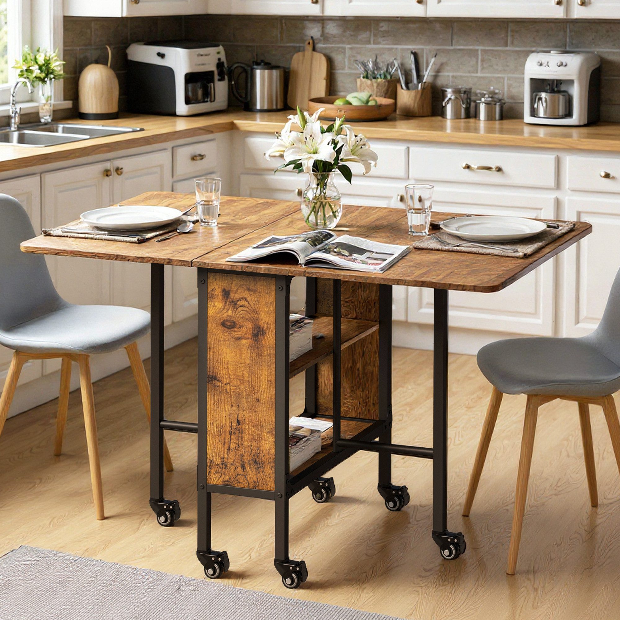 Bealife Klapptisch mit Ablage und 6 Rollen, Esszimmertisch für 6 Personen (Platzsparendes Design, 1-St. Esstisch)