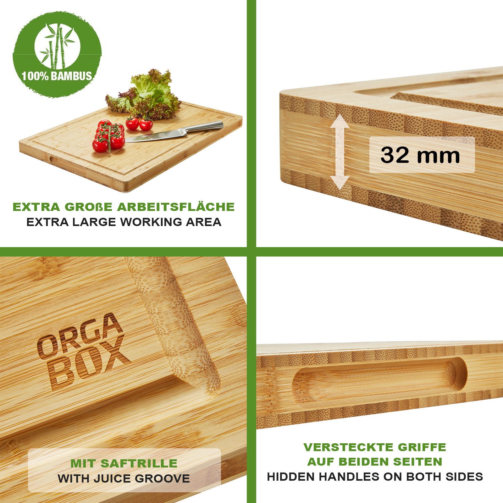 SO-TECH® Schneidebrett Extra großes Küchenbrett Bambus 610 x 405 x 32 mm geölt, Holz