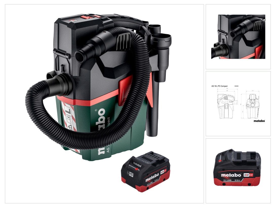 metabo Akku-Handstaubsauger AS 18 L PC Compact Akku Sauger 18 V 6 l IPX4 Staubklasse L Nass