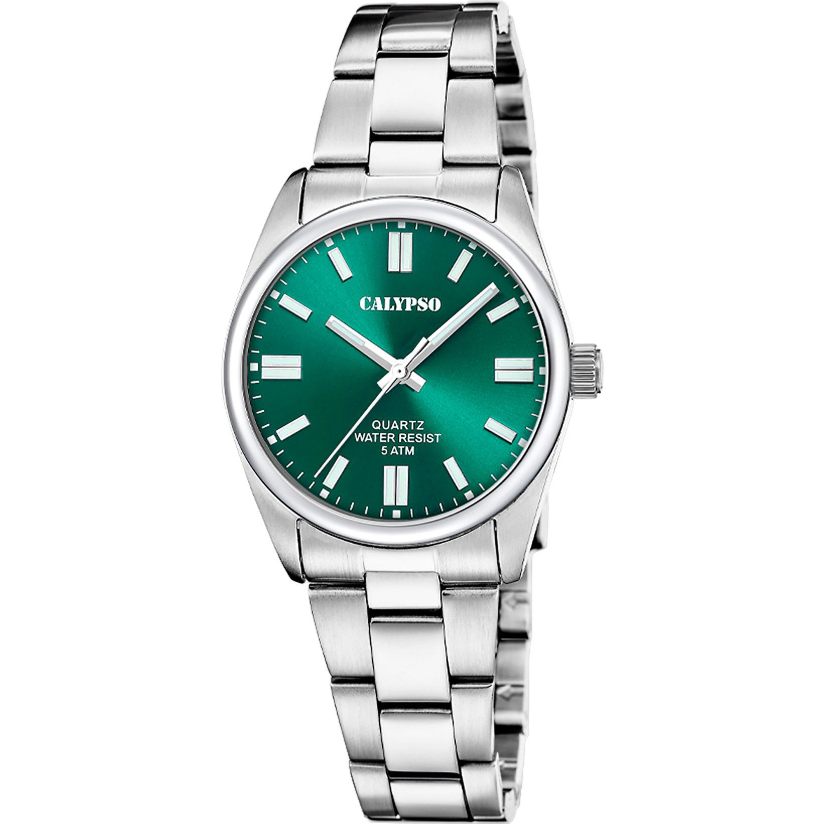 Calypso Quarzuhr Basic Damenuhr K5863/7, stilvolle Quarzuhr mit grünem Zifferblatt, silberfarbenem Edelstahlband und 32 mm Gehäusedurchmesser