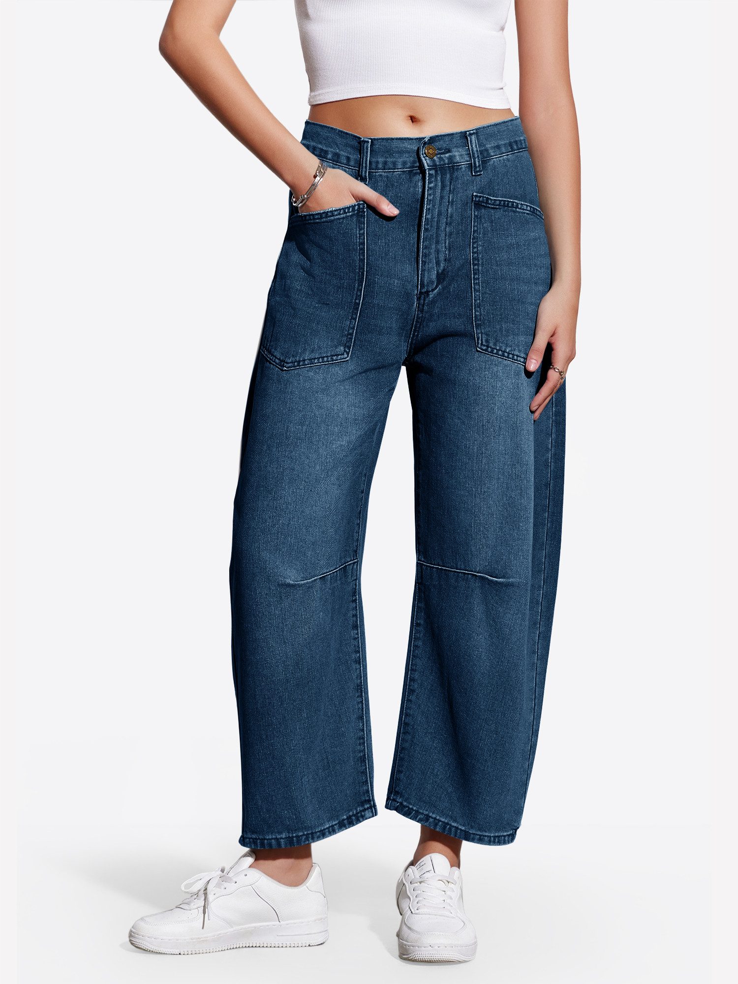 Loose-fit-Jeans Damen Baggy Barrel Hufeisen Jeanshose