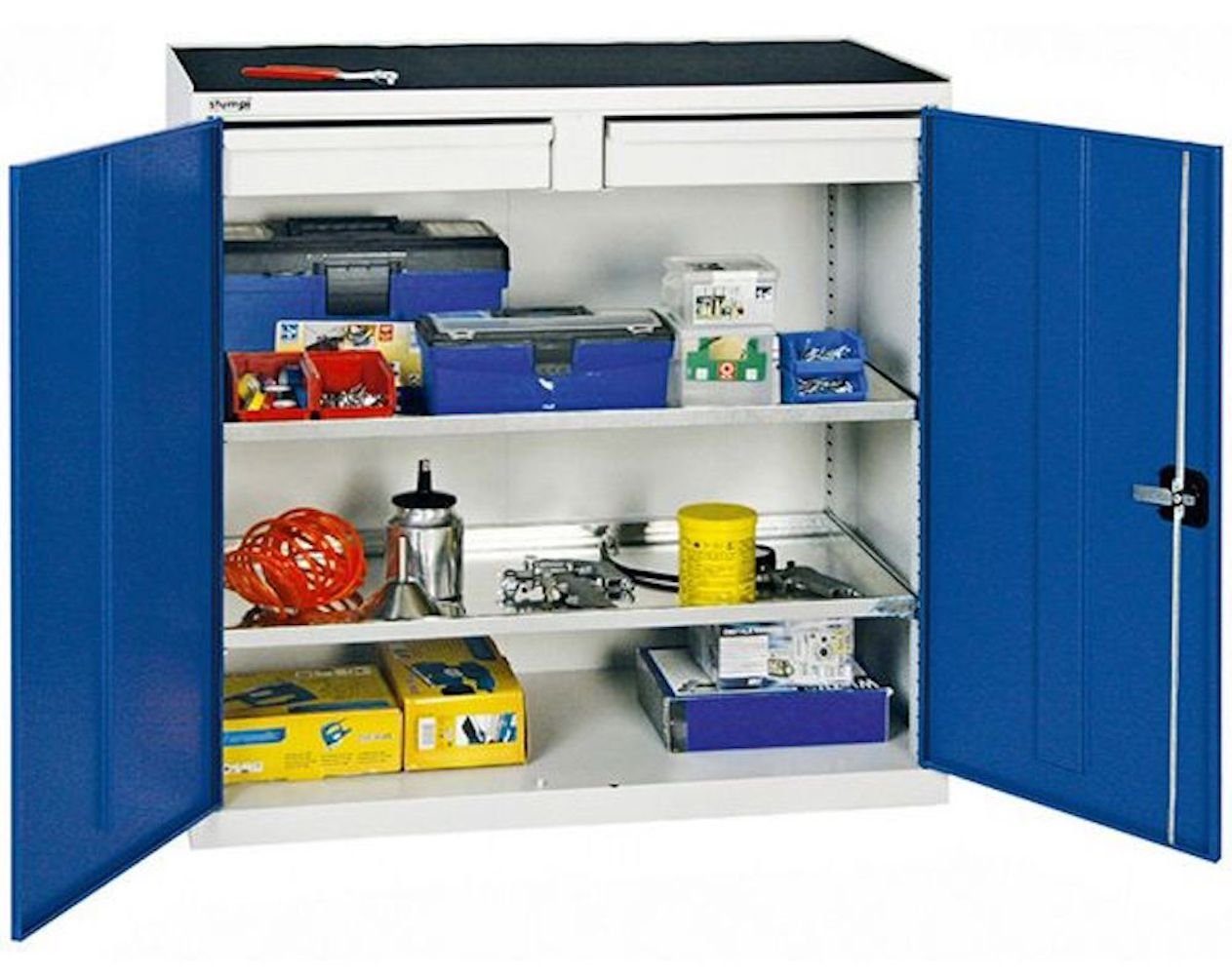 PROREGAL® Werkzeugschrank 2 Enzianblau HxBxT Türen, Lichtgrau/Lichtgrau Werkzeugschrank 100x100x50cm