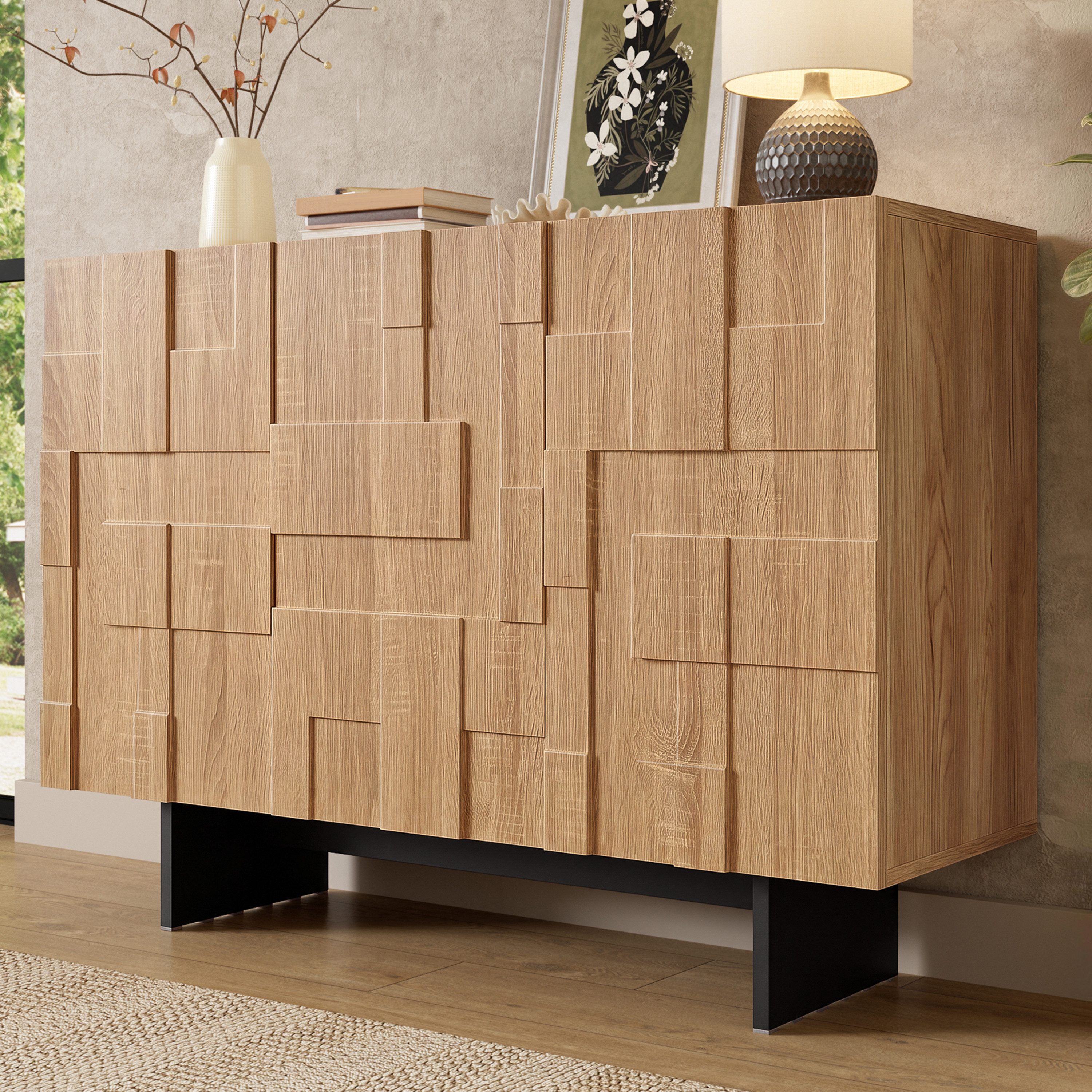 Merax Sideboard Kommode Mit 3 Türen, Französischer Stil (1 St., Mit Geometrischer 3D Front), Aufbewahrungsschrank Mit Verstellbaren Einlegeböden