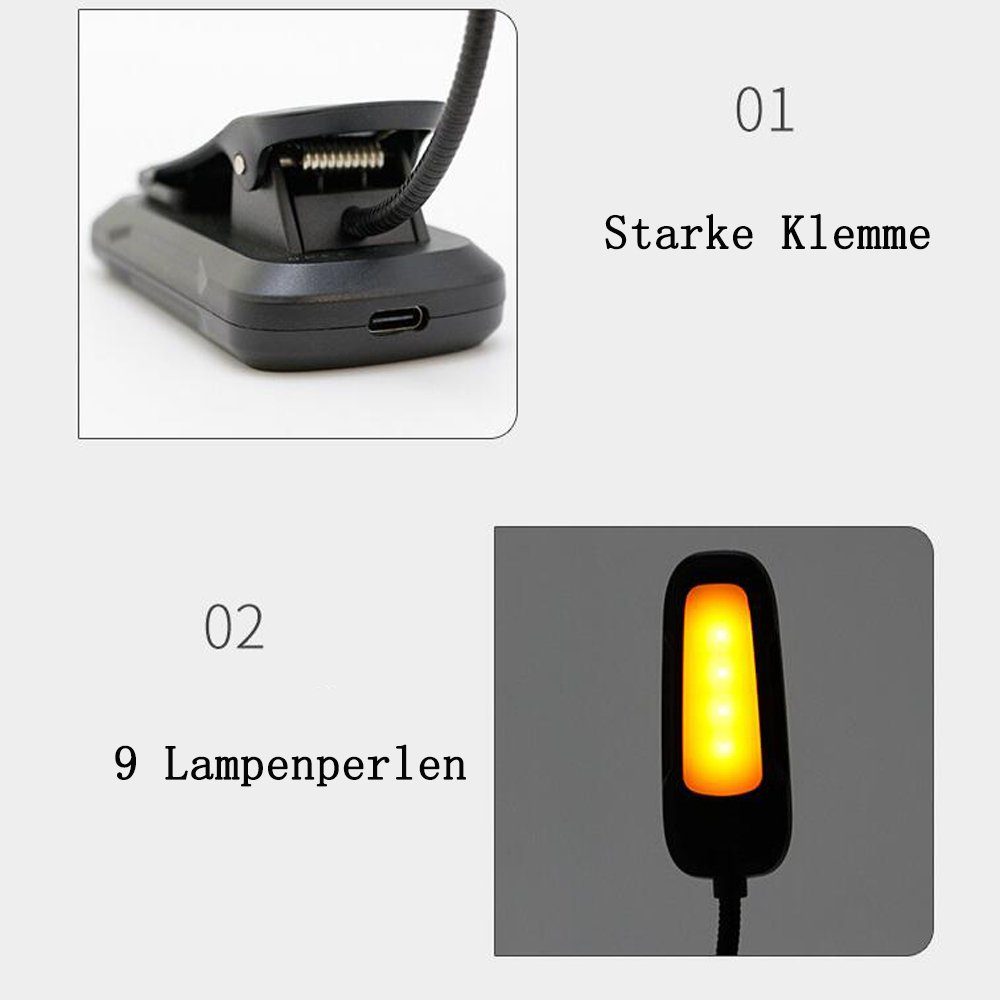 GelldG LED Leselampe 9 Buchlampe 3 Leselampe Farbmodi Klemme, mit Buch 3 LED Helligkeit