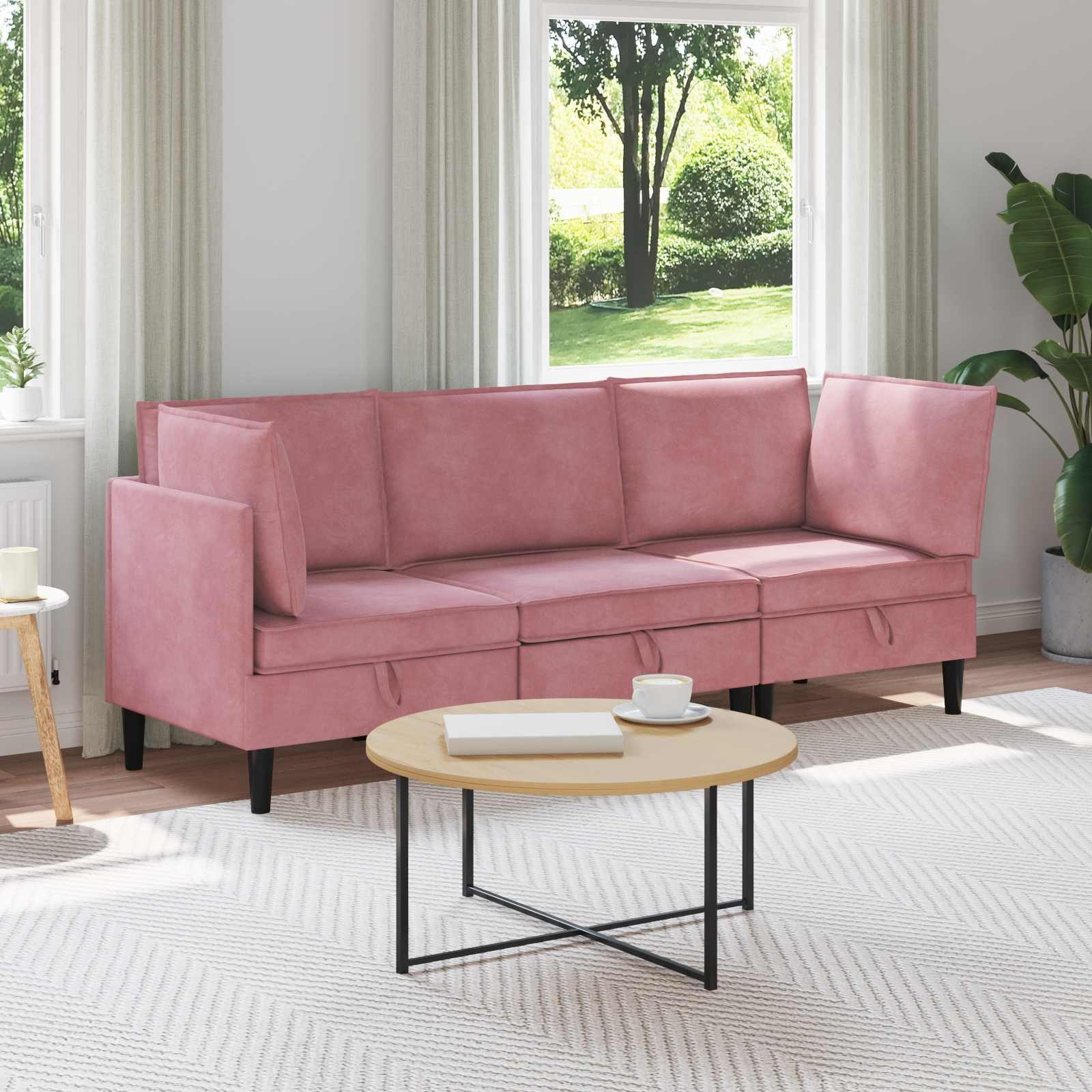 vidaXL Wohnzimmer-Set Wohnzimmergarnitur mit Kissen mit Speicher 3 pcs Rosa Samt, (3-St)