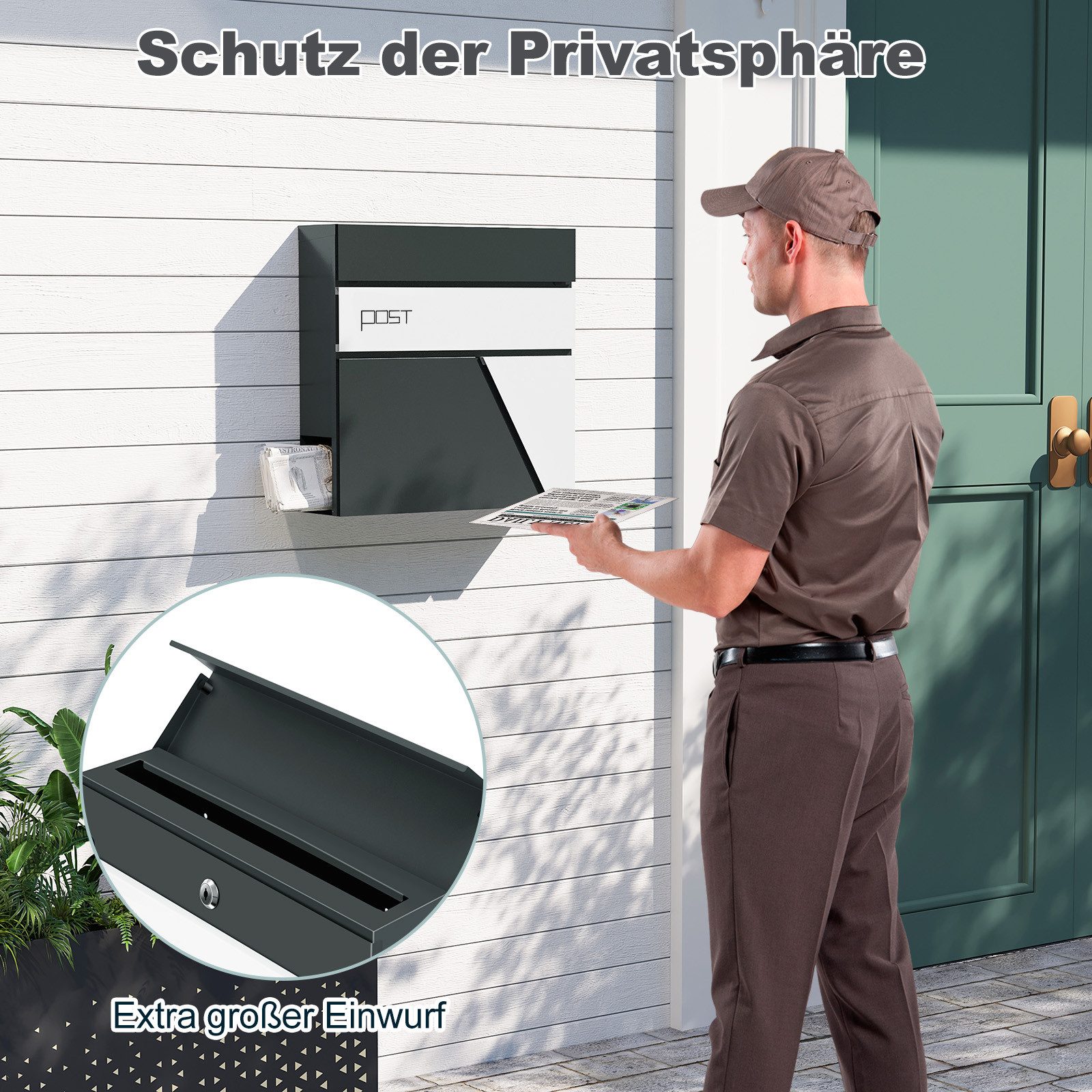 Woltu Wandbriefkasten (1-St), mit Zeitungsfach, mit Schloss 2 Schlüsseln, 37x37x10,5cm