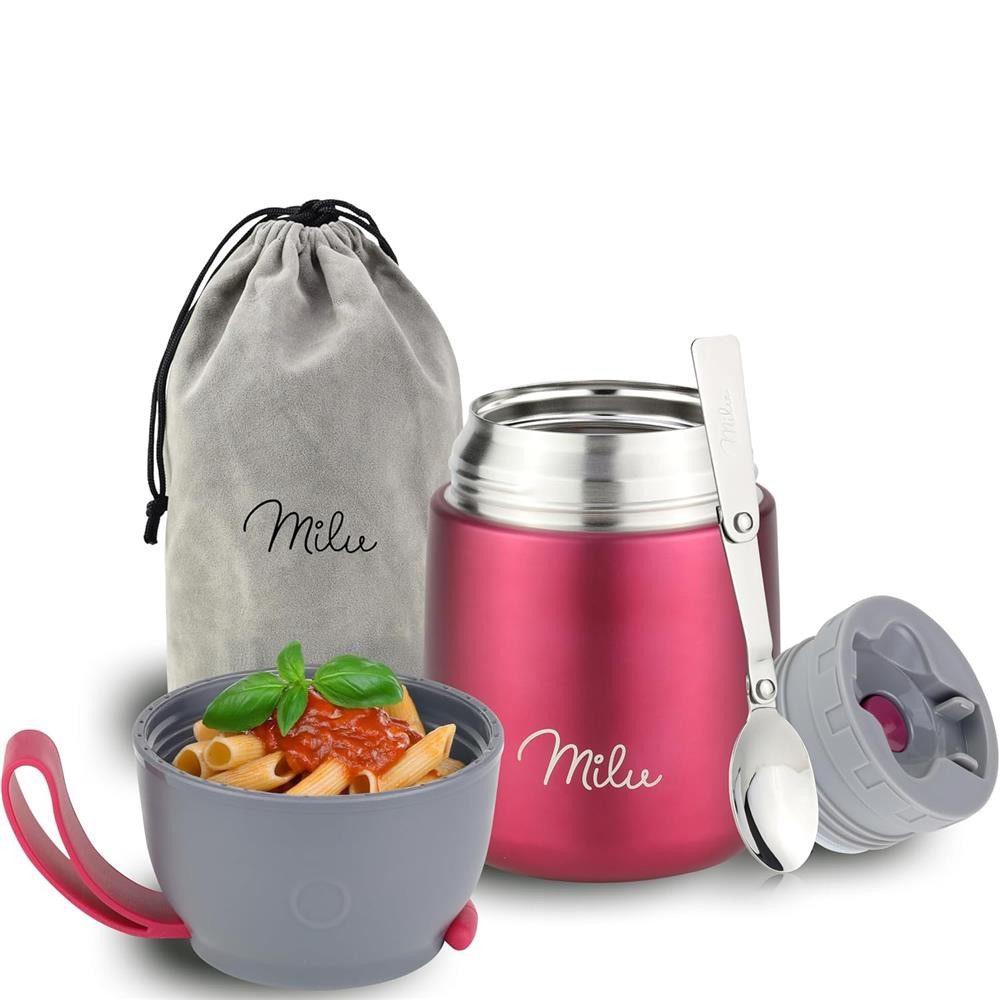 Milu Thermobehälter Edelstahl Thermobehälter Lunchbox 450 ml, Warmhaltebehälter mit Löffel, Thermobecher, auslaufsicher