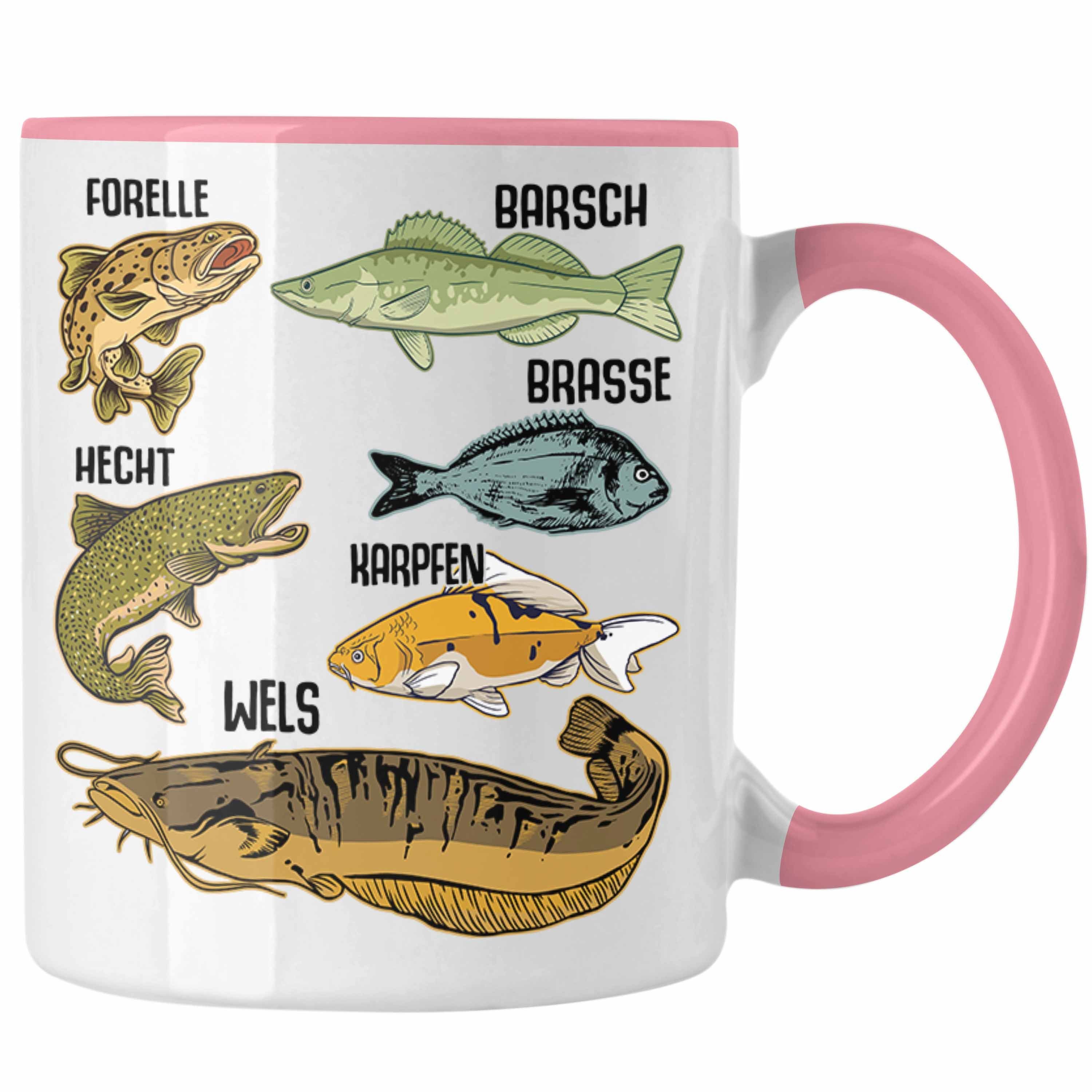 Trendation Tasse Trendation - Angler Fischer Tasse mit Fischarten Geschenk Raubfische Hobbyangler Hecht Forelle Barsch Angeln Kaffeetasse Rosa