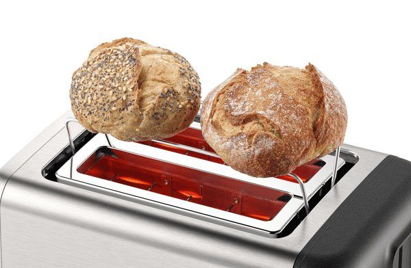 BOSCH Toaster DesignLine TAT3P420DE, Integrierter Edelstahl-Brötchenaufsatz, 2 kurze Schlitze, 820 W, Abschaltautomatik, Auftaufunktion, Liftfunktion, Breit, Edelstahl