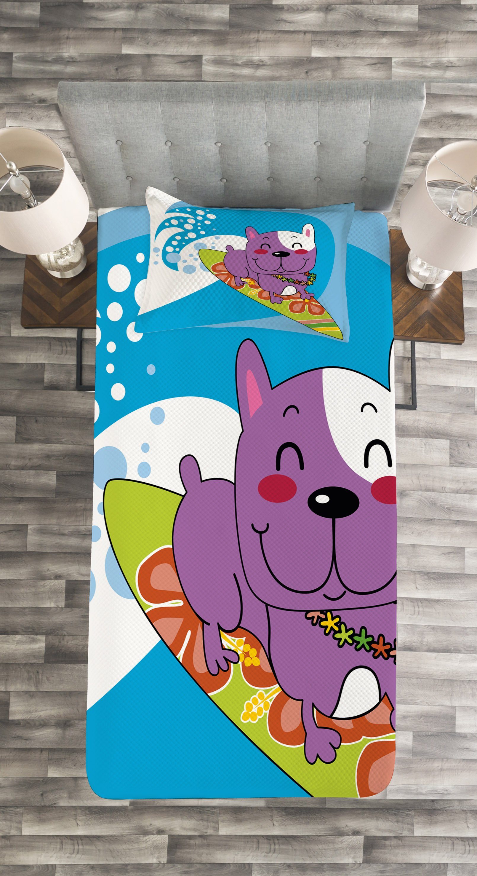 Abakuhaus, Set Bulldog Reite Cartoon Welle mit Tagesdecke die Waschbar, Kissenbezügen