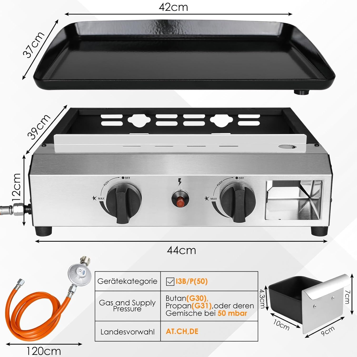 TLGREEN Camping-Gasgrill,Tischgasgrill mit Gusseisenplatte, Tragbarer Camping Grill mit 2/3 Brennern, Ideal für Balkon, Garten, Picknick & Outdoor BBQ