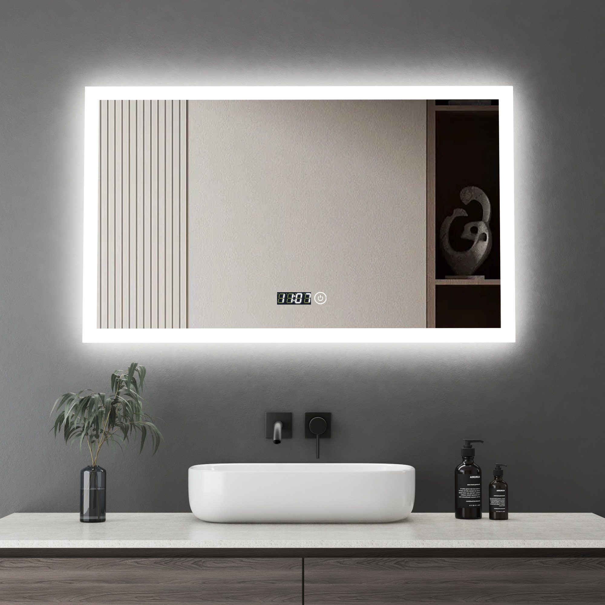 GOEZES Badspiegel Wandspiegel Led 100x60cm Uhr 3 Lichtfarbe Helligkeit  einstellbar (Badezimmerspiegel,Lichtspiegel,Spiegel, 100 x 60 cm),  Speicherfunktion,energiesparender,IP44