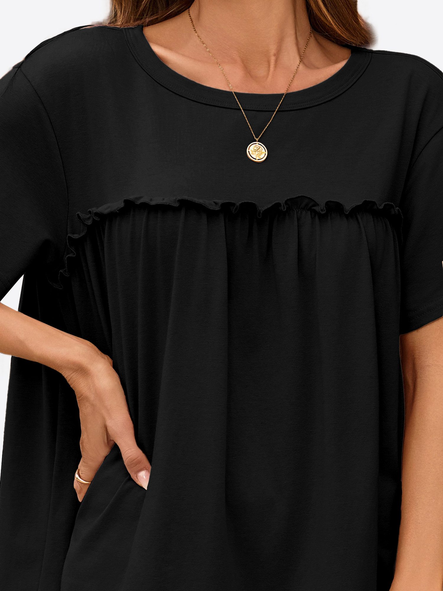 Imily Bela T-Shirt Damen mit Rüschen Rundhals Lässig Oberteil Alltag Freizeit (Packung, 1-tlg., 1per-Pack) mit Rundhalsausschnitt in Unifarbe – Bild 4 von 5