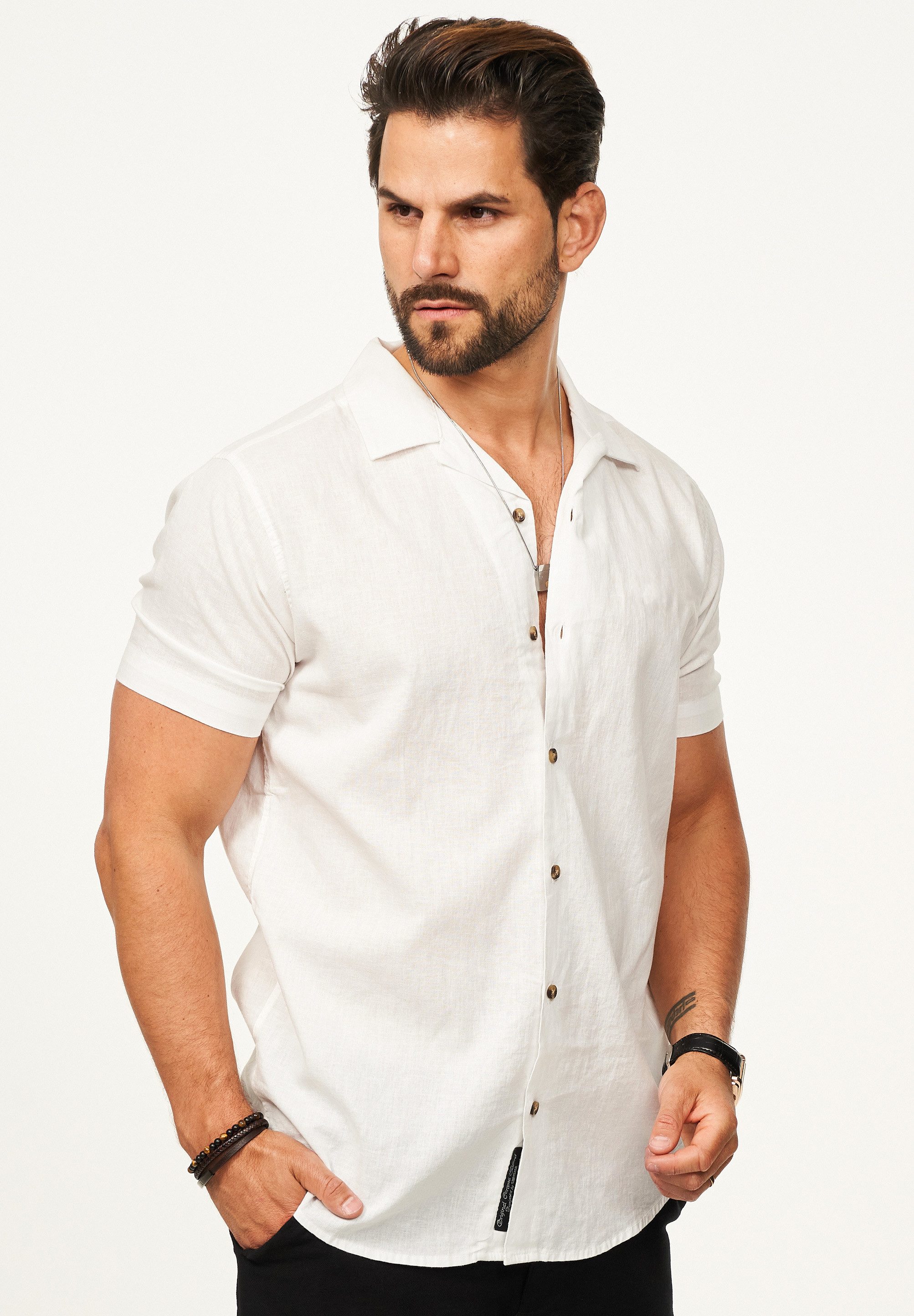 behype Kurzarmhemd aus Leinen Sommerhemd im Regular-Fit Herren Leinenhemd Freizeithemd mit offenen Reverskragen