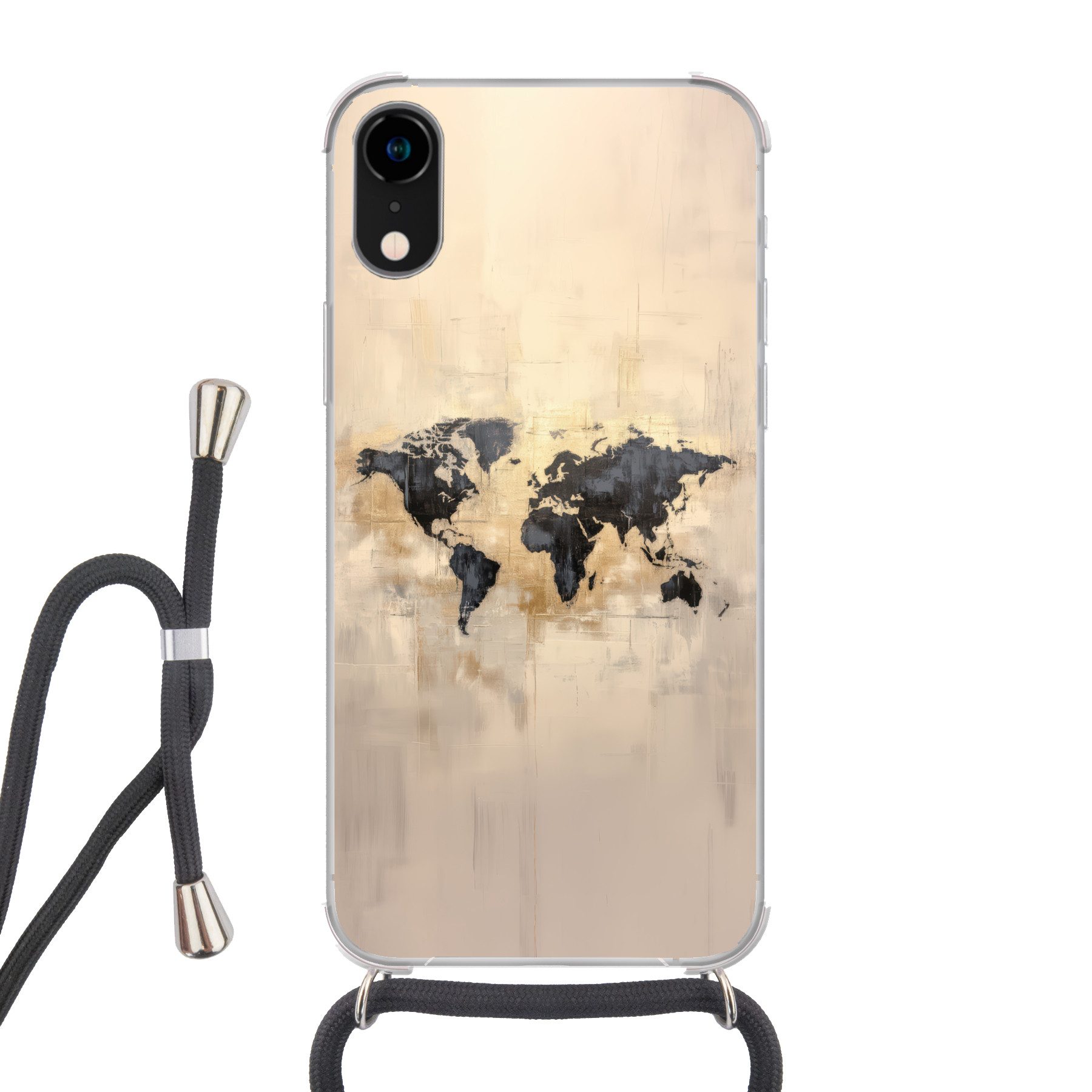 MuchoWow Handyhülle für Apple iPhone XR Weltkarte - Gold - Schwarz - Abstrakt, Tragbare Handyhüllen mit Kette zum umhängen, Handykette Handyband