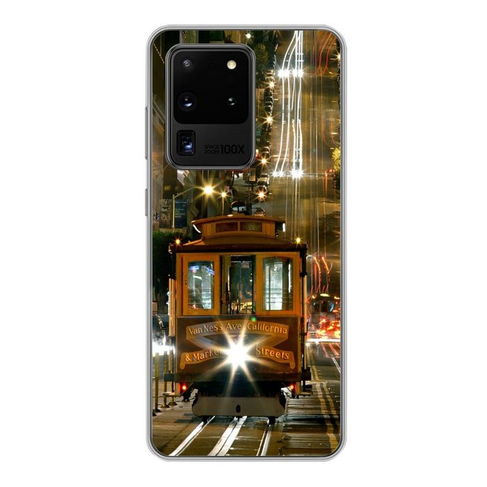 MuchoWow Handyhülle Straßenbahn in San Francisco bei Nacht Phone Case Handyhülle Samsung Galaxy S20 Ultra Silikon Schutzhülle