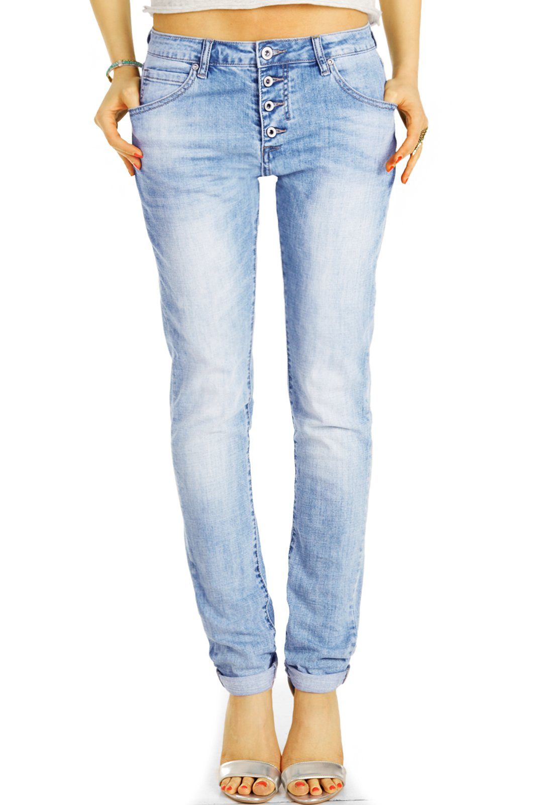 be styled Stoffhose Medium Waist Jeans mit Knopfleiste Boyfriend Hose - Damen - j30L-3 vordere Knopfleiste denim