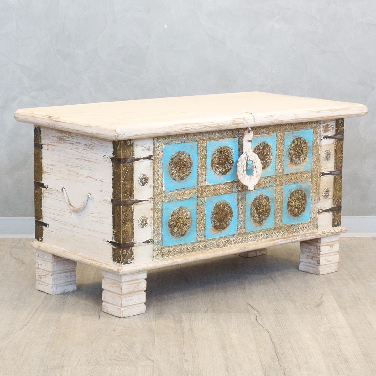 Oriental Galerie Truhe Indische Truhe Weiß Türkis 80 cm (1 St), Beistelltis günstig online kaufen