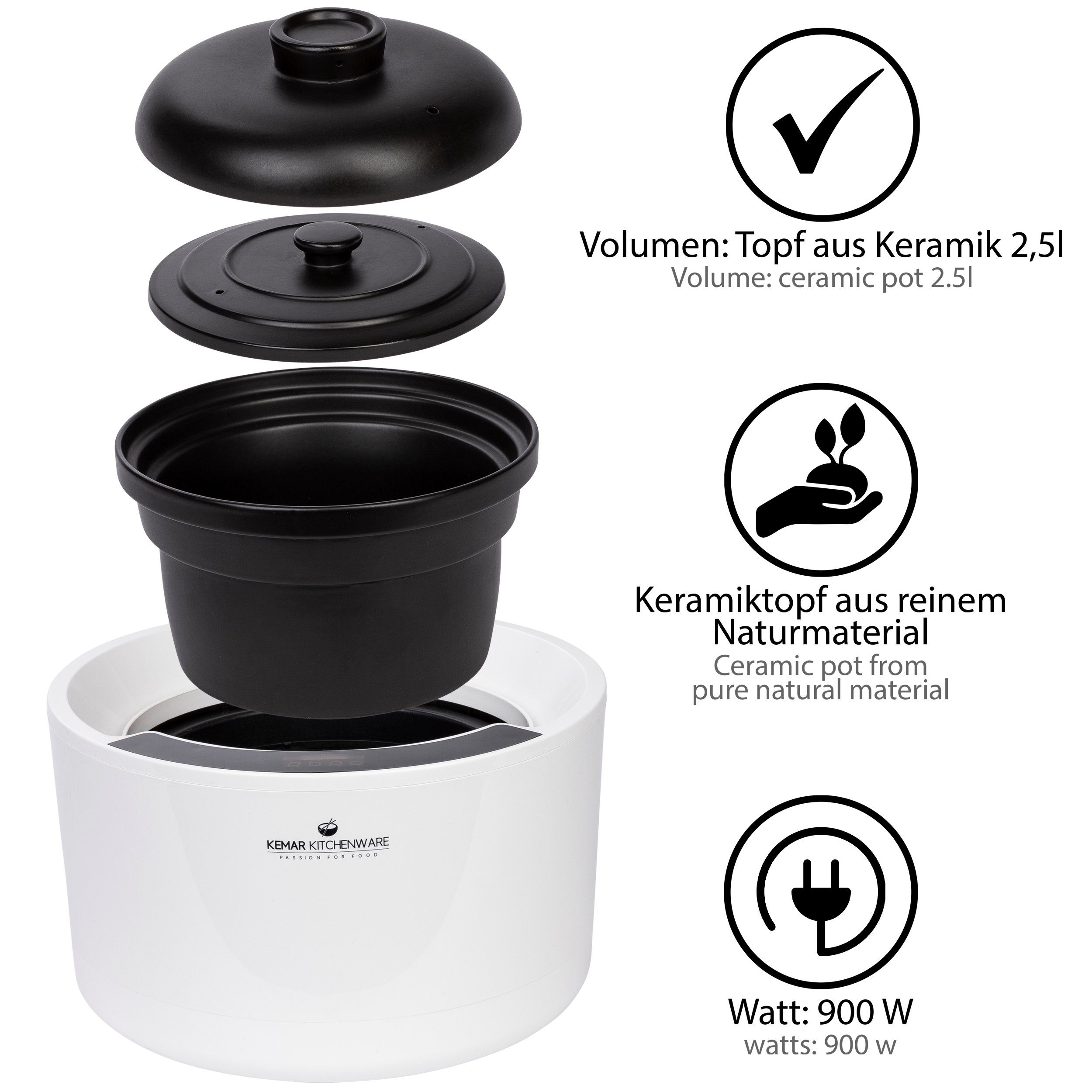 KeMar Kitchenware Multikocher, 900 W, 2,50 l Schüssel, Keramiktopf, Touchdisplay, 7 Programme, Timer