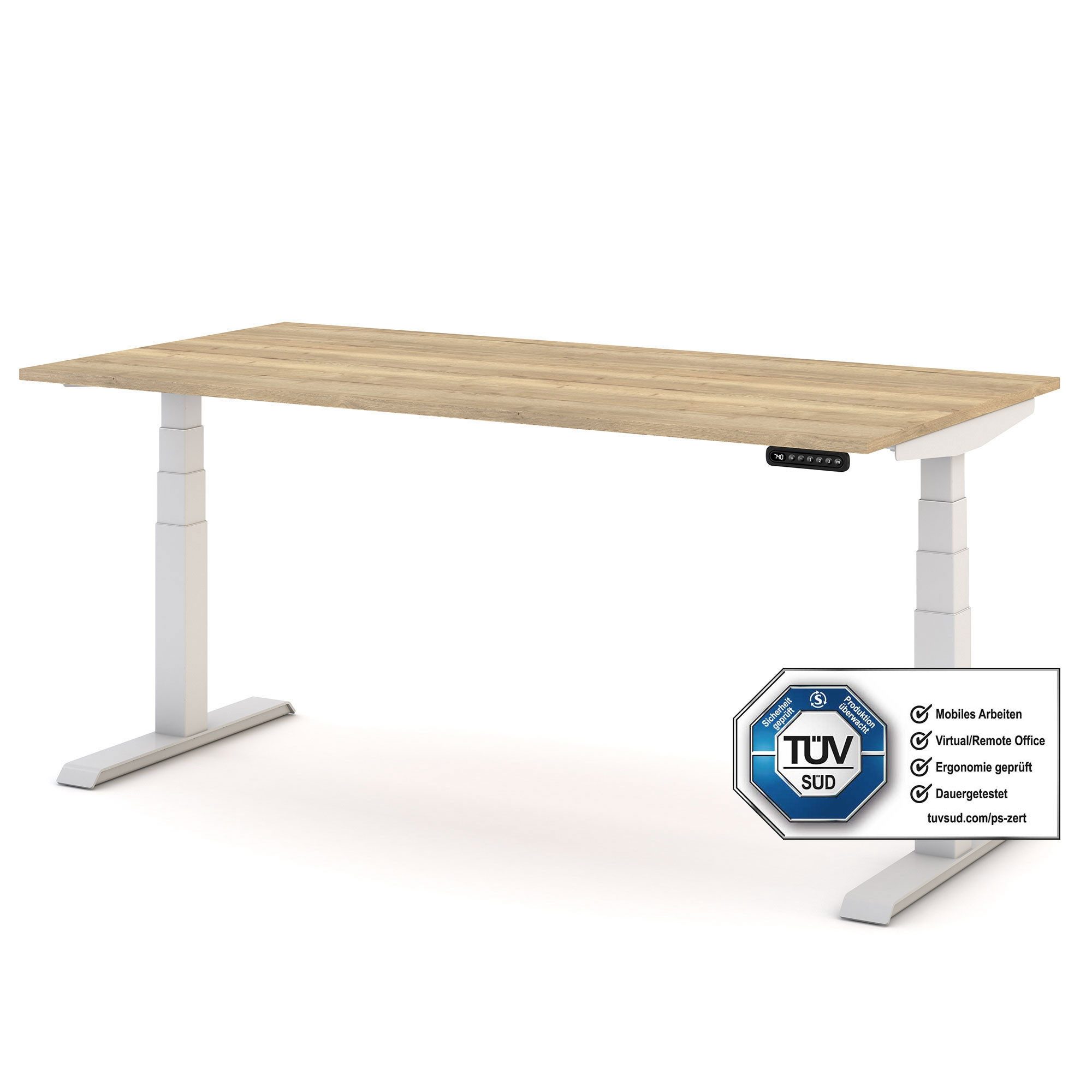 ASSMANN Büromöbel Kinderschreibtisch JUNIOR (120x80cm Weiß Eiche Natura Kollisions-Schutz, Elektrisch höhenverstellbar, Familiengerecht, Verriegelungsfunktion 2-fach-Motorik Dreifachhub, einfache Montage, für Büro und Homeoffice), TÜV-zertifiziert, Blauer Engel, 5 Jahre Herstellergarantie