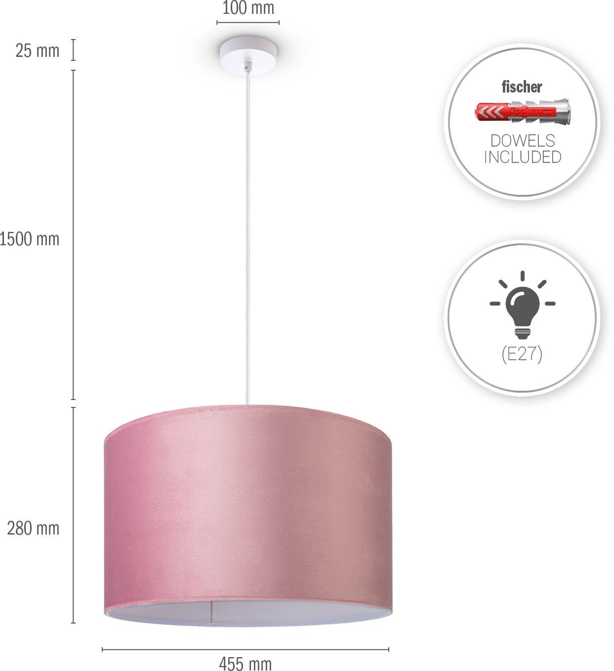 Hugo 1,5m E27 uni Paco Home aus Kabel Lampenschirm Leuchtmittel, Unifarben Pendelleuchte pink ohne Deko Wohnzimmer Velour Color,