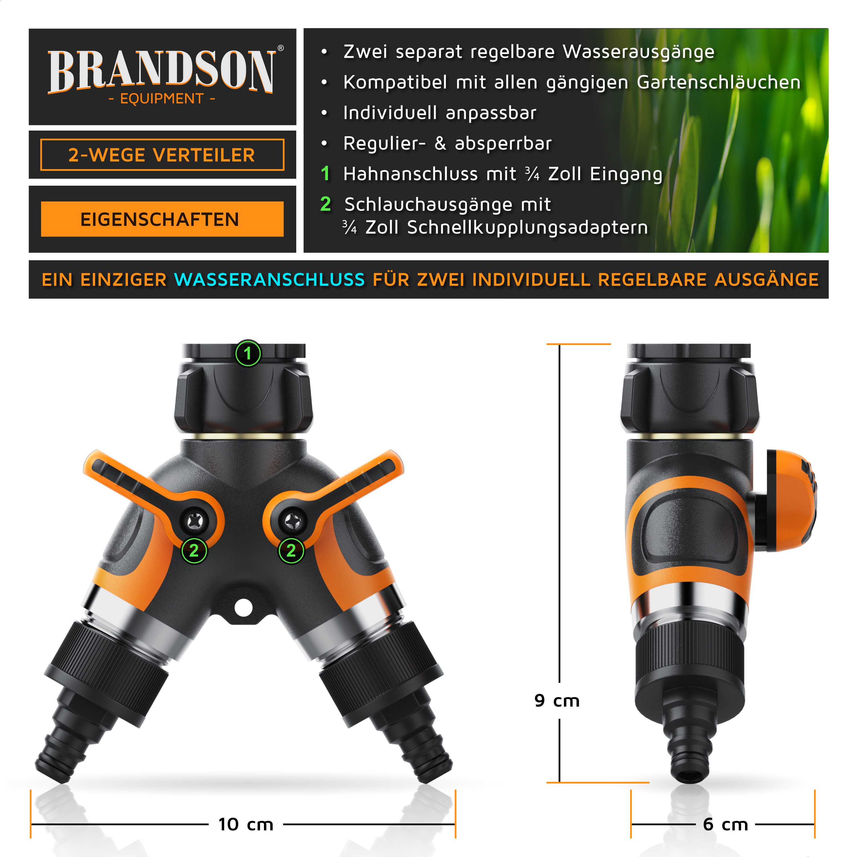 Brandson 2-Wege Verteiler 2-fach Wasserverteiler, Gartenschlauch Schlauchverteiler, 3/4 Zoll, (2-tlg), Regulierbarer Wasserhahn Schlauch Verteiler für Gartenbewässerung
